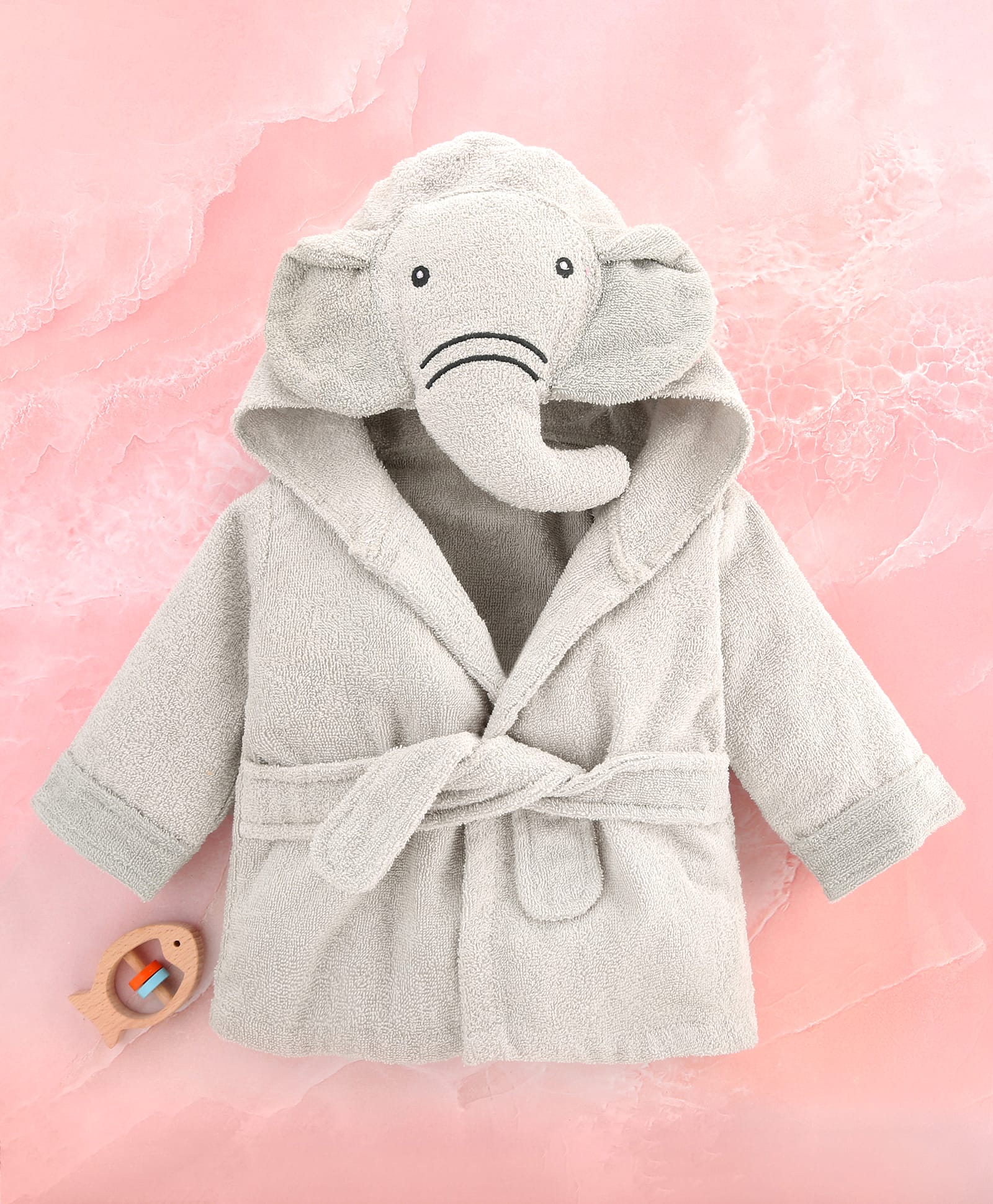 Babyhug Cotton Terry Woven Full Sleeves Hooded Bathrobe with Elephant Embroidery - Grey-image-0