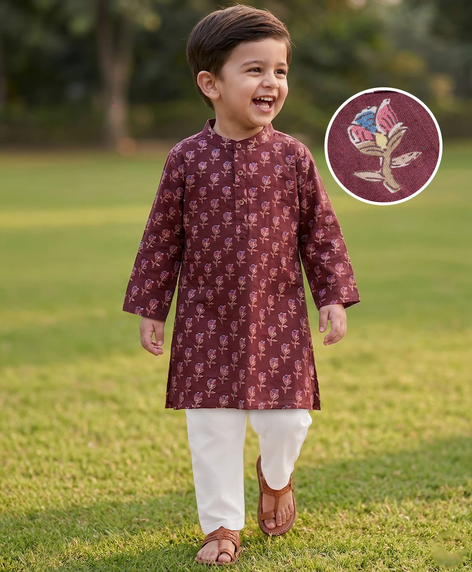 Babyhug Cotton Woven Full Sleeves Kurta Dhoti Set with Floral Print - Maroon-image-49