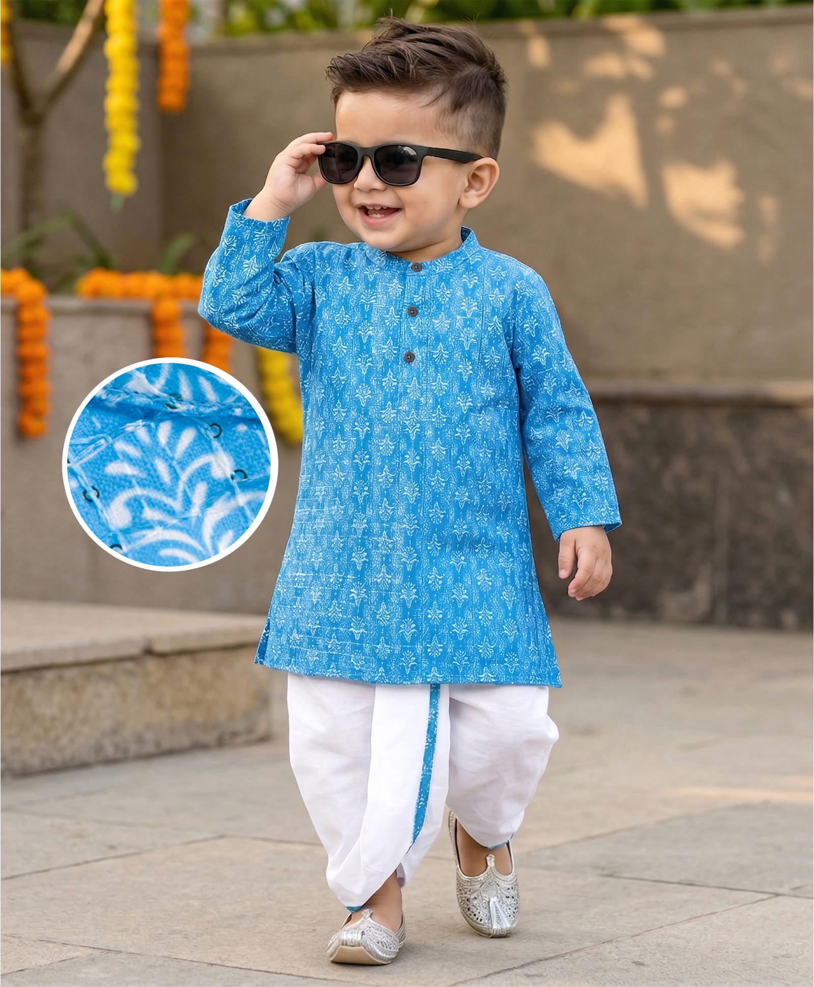 Babyhug Cotton Woven Full Sleeves Cambric Printed Kurta Dhoti Set with Sequin Detailing - Blue-image-19