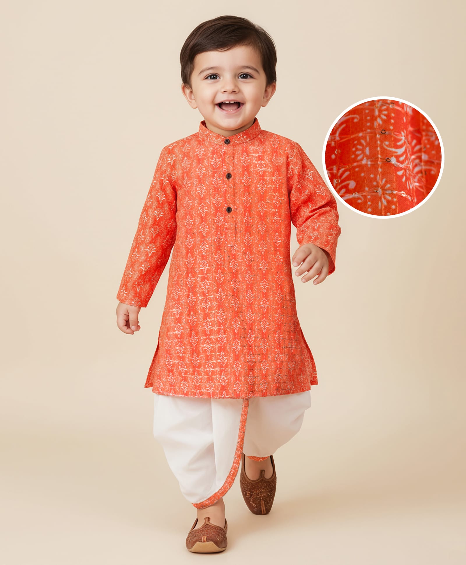 Babyhug Cotton Woven Full Sleeves Cambric Printed Kurta Dhoti Set with Sequin Detailing - Orange-image-23