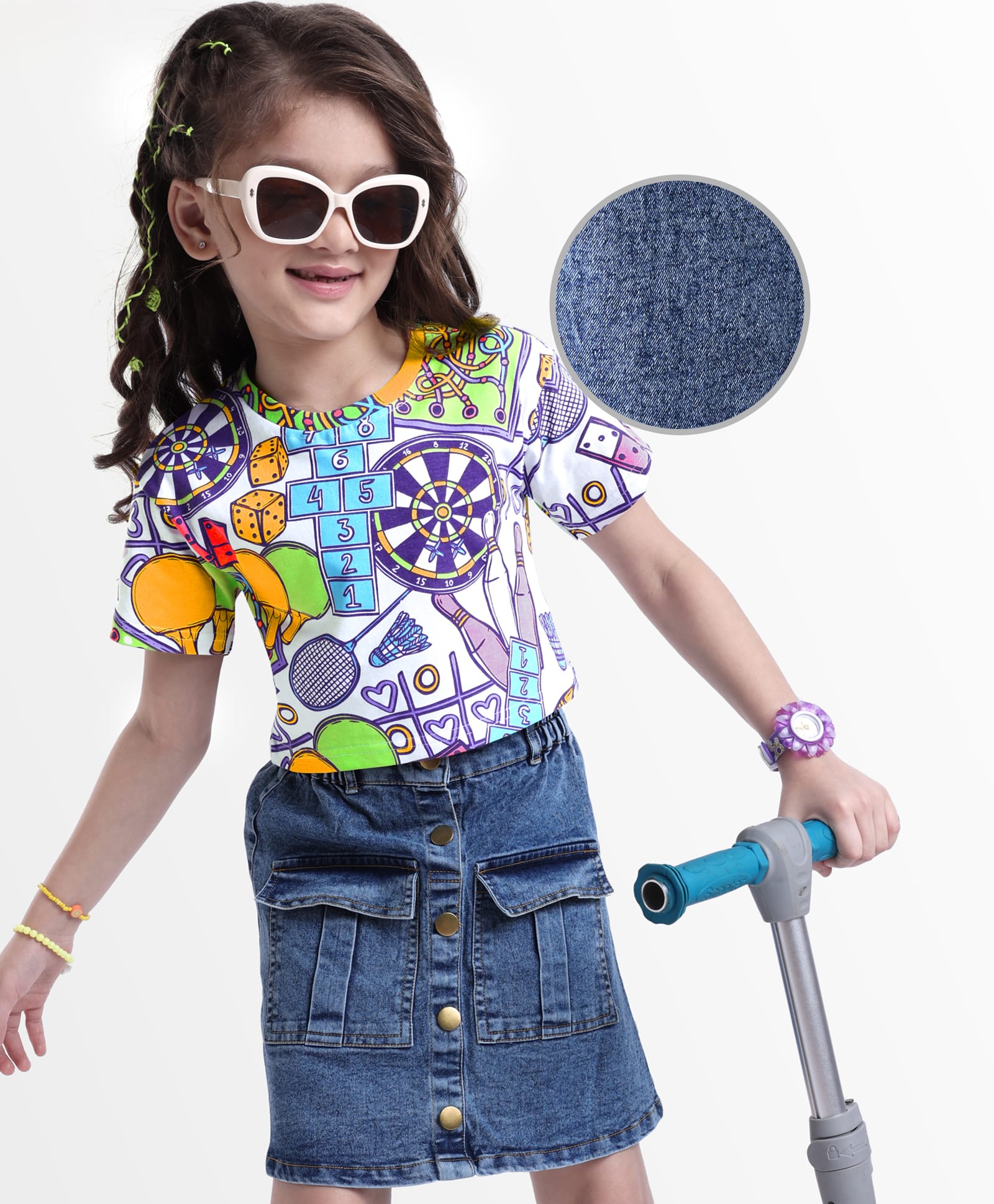 Ollington St. Cotton Printed Half Sleeves Top & Denim Skirt - Multicolor & Indigo-image-11