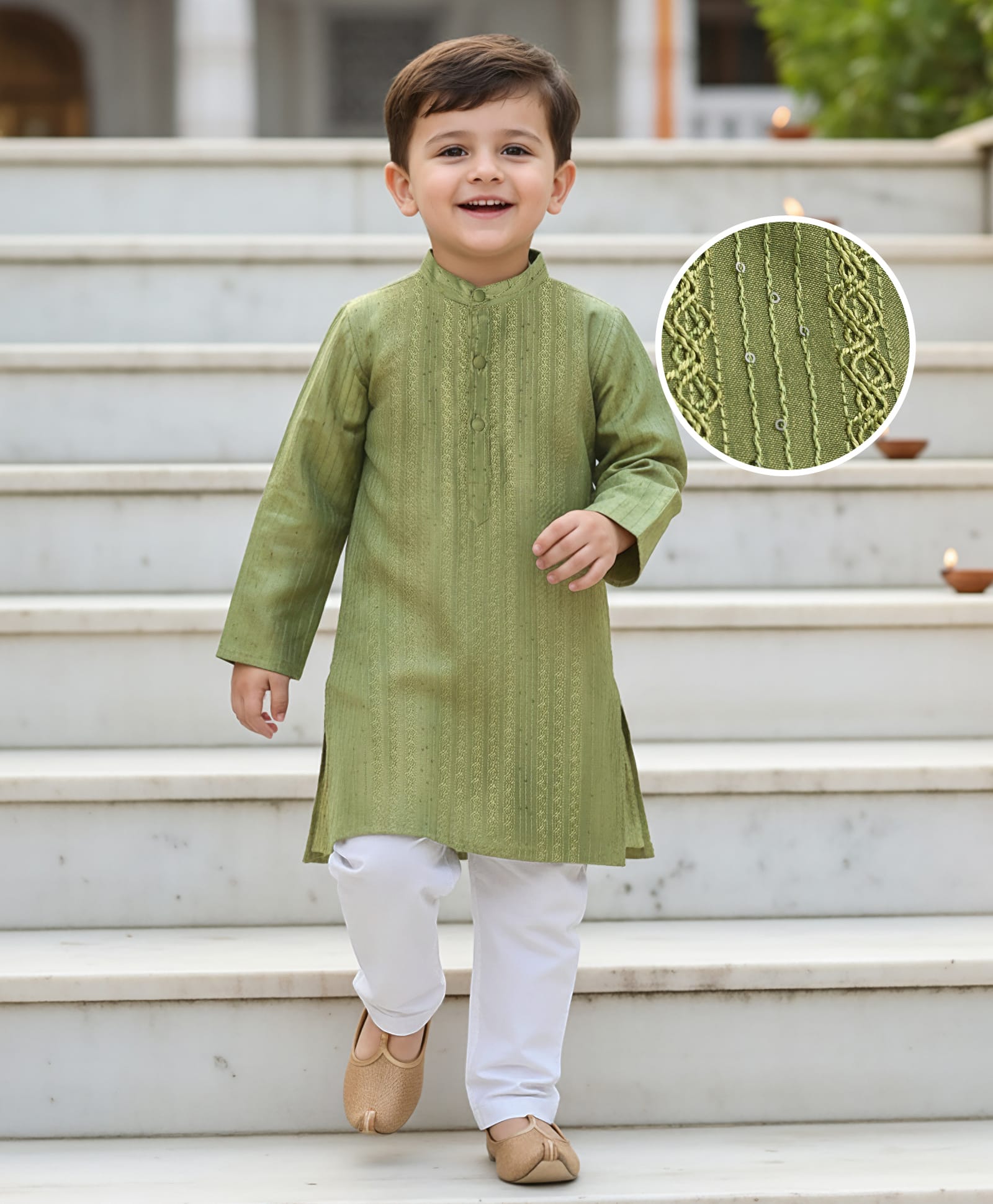 Babyhug Dobby Full Sleeves Thread Work Kurta with Pyjama Set - Green-image-9