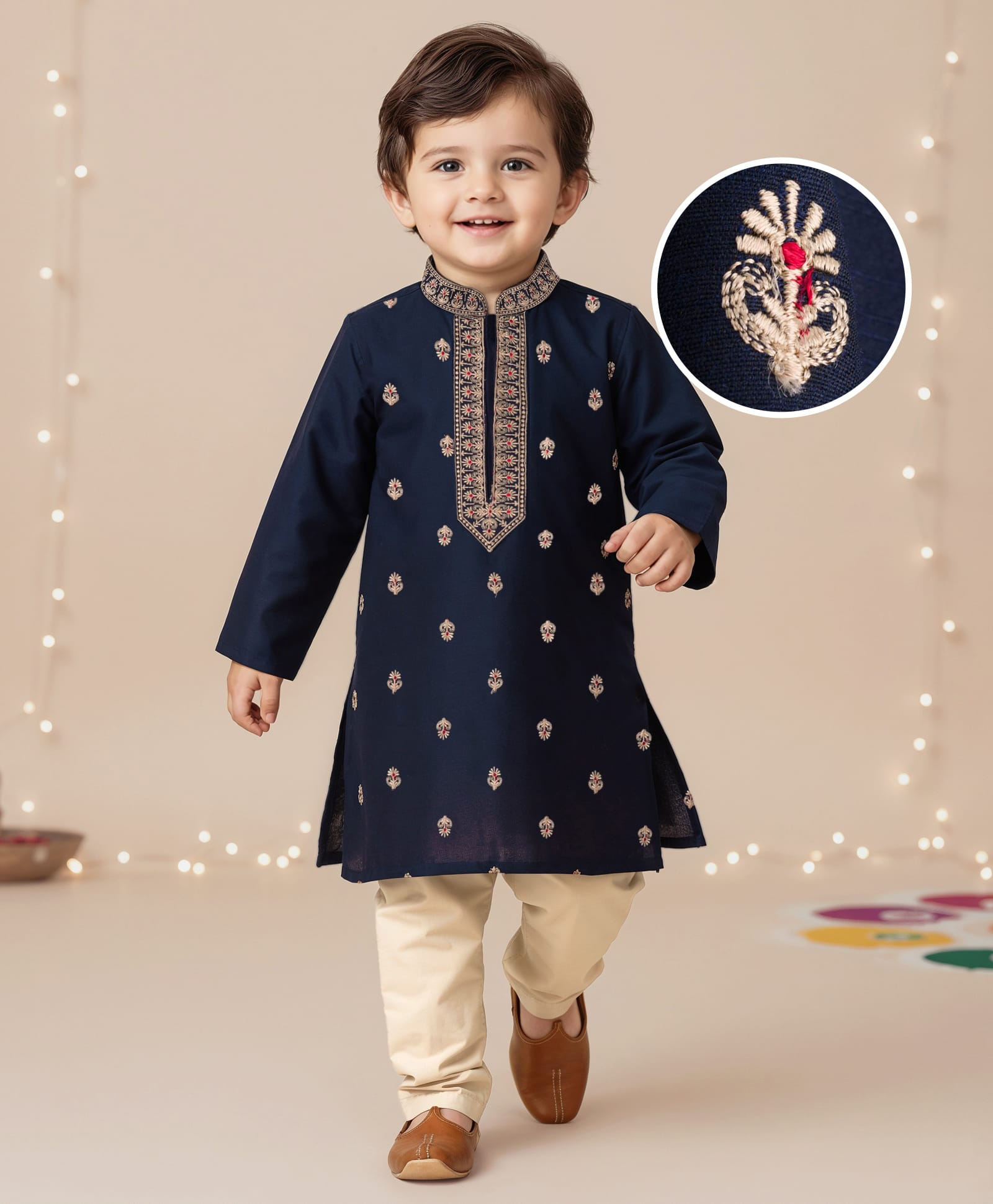 Babyhug Woven Full Sleeves Floral Embroidered Kurta with Pyjama Set - Navy Blue-image-34