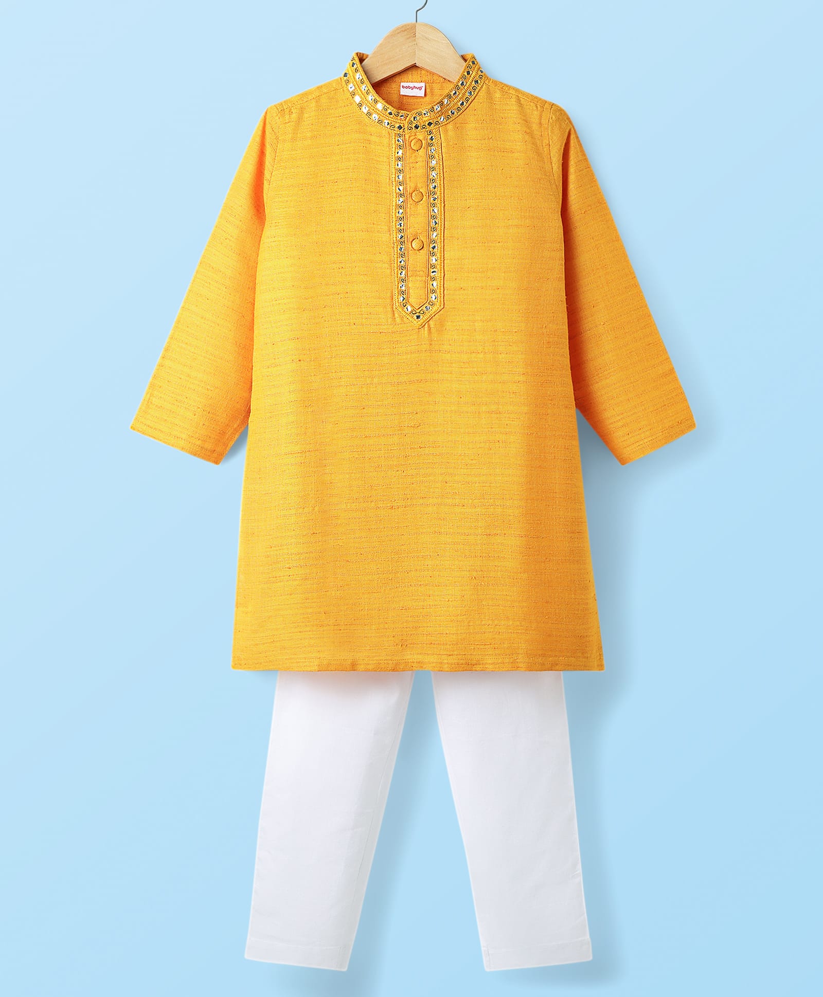 Babyhug Woven Full Sleeves Kurta Pyjama Set with Lace Detailing - Yellow & White-image-27
