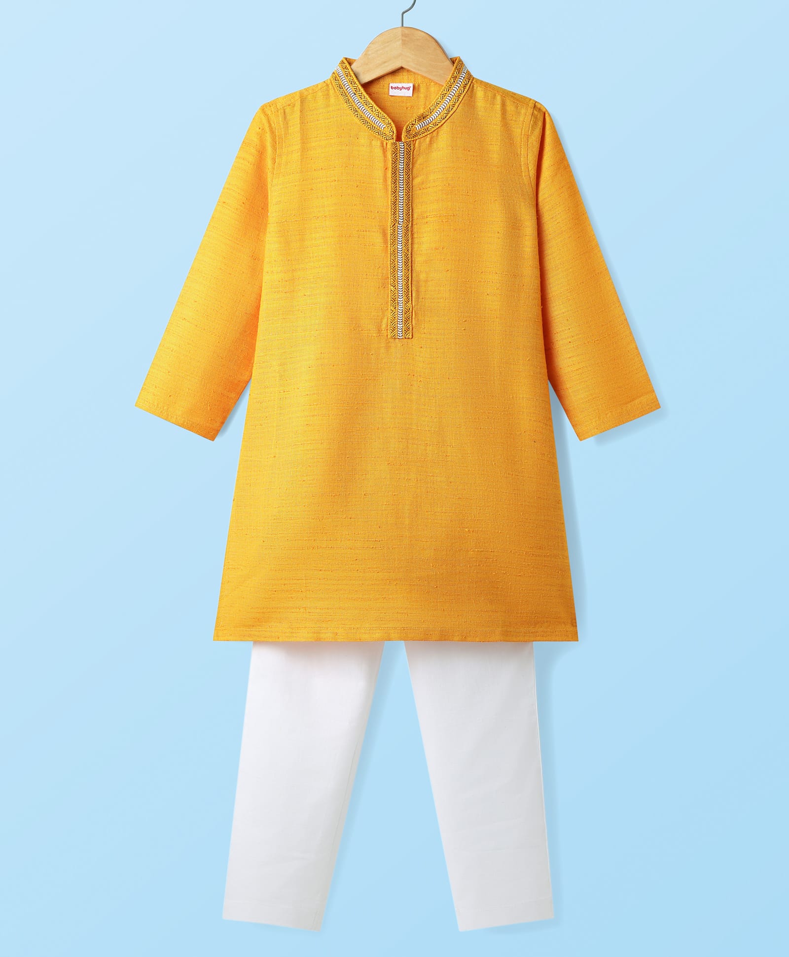 Babyhug Woven Full Sleeves Kurta Pyjama Set with Lace Detailing - Yellow & White-image-26