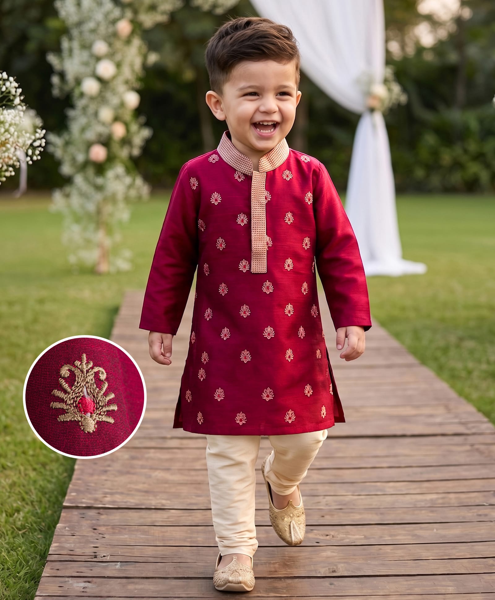 Babyhug Woven Full Sleeves Floral Embroidered Kurta with Pyjama Set - Maroon-picture-11