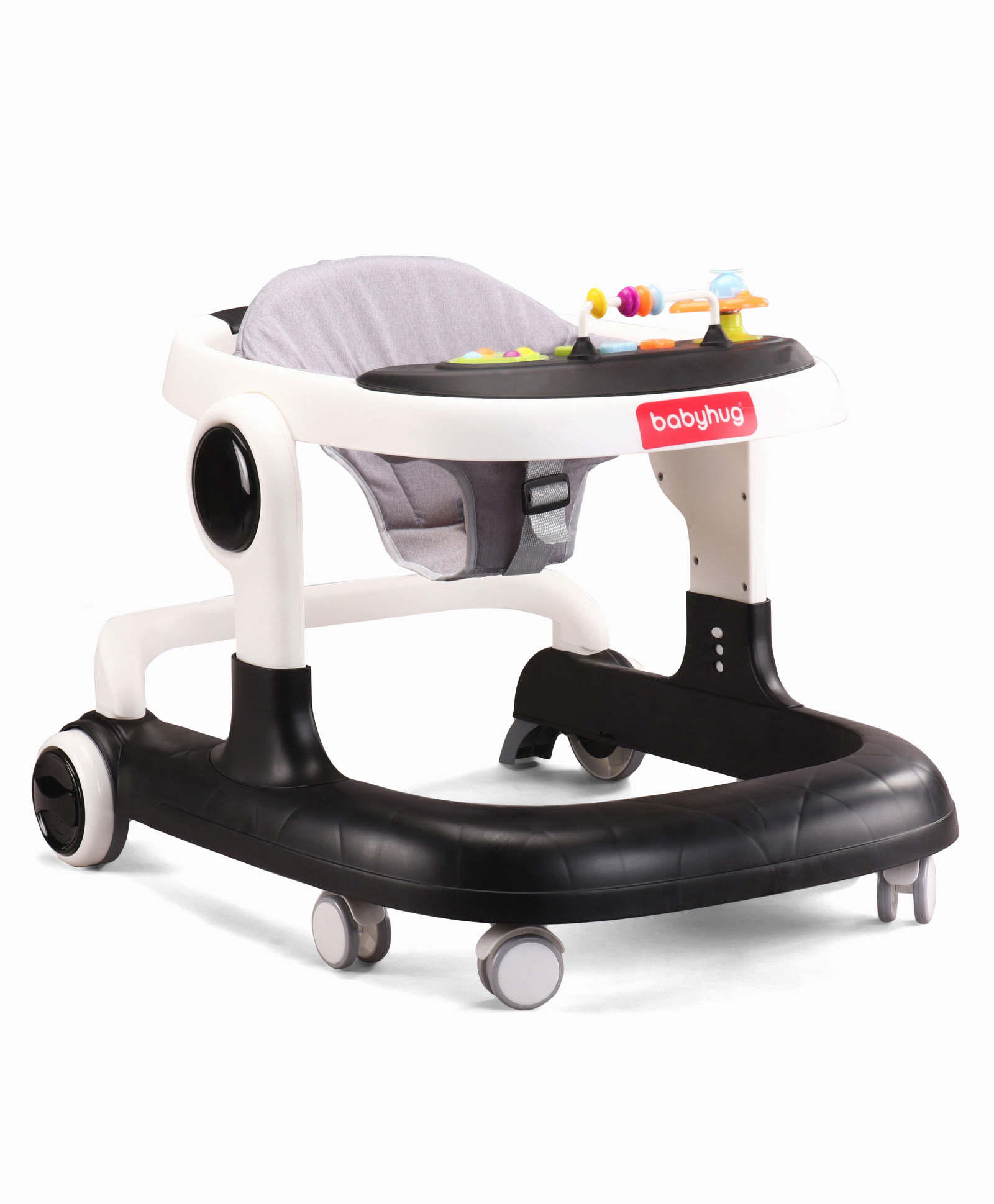 Babyhug 2 in 1 Walker with Height Adjustment & Detachable Toy Bar with Lights & Music |Musical Activity Tray| Soft Cushion Seat| Speed Control| Push Walker| Wheel Lock|Anti-fall Protection - Black