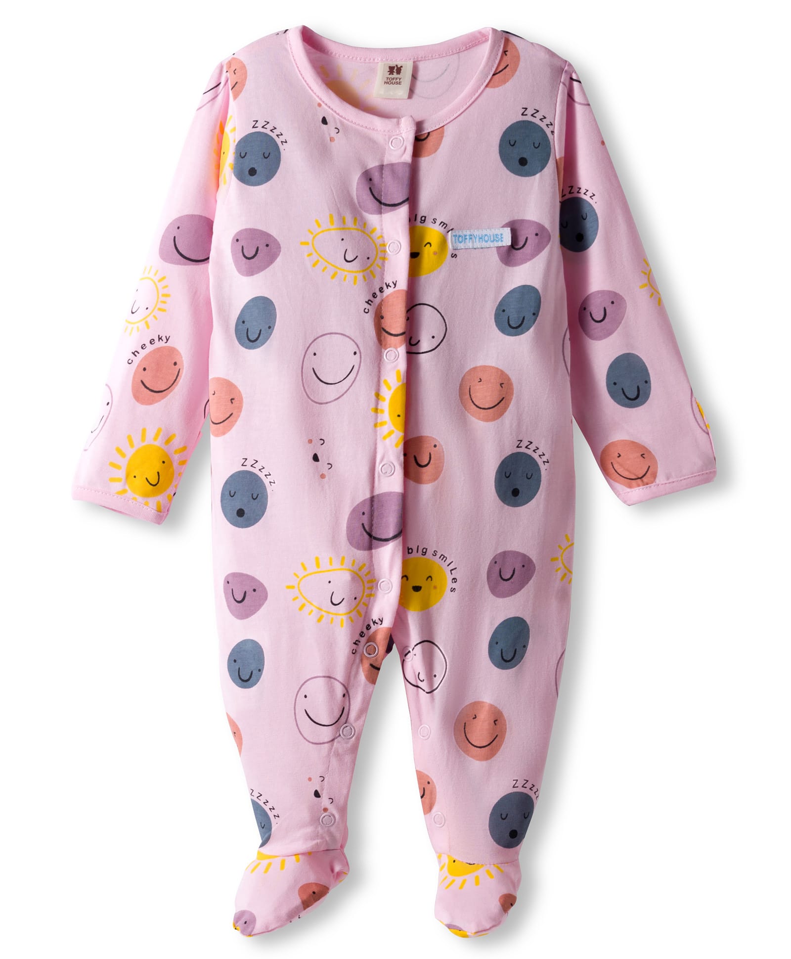 ToffyHouse 100% Cotton Knit Full Sleeves Front Open Footed Sleep Suit with Smiley Print - Lilac-image-5
