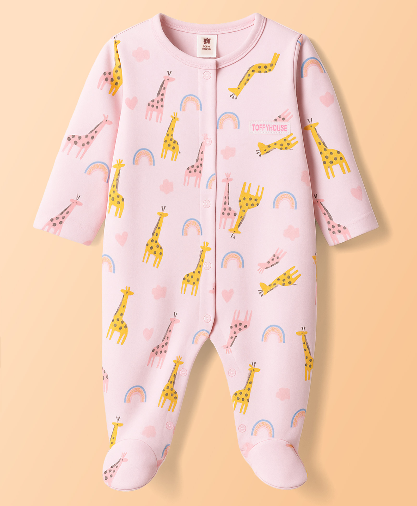 ToffyHouse Sleep Suits Full Sleeves FemalToffyHouse Single Jersey Full Sleeves Footed Romper Giraffe Print - Misty Rose Pinke Light Pink Preemie-image-26