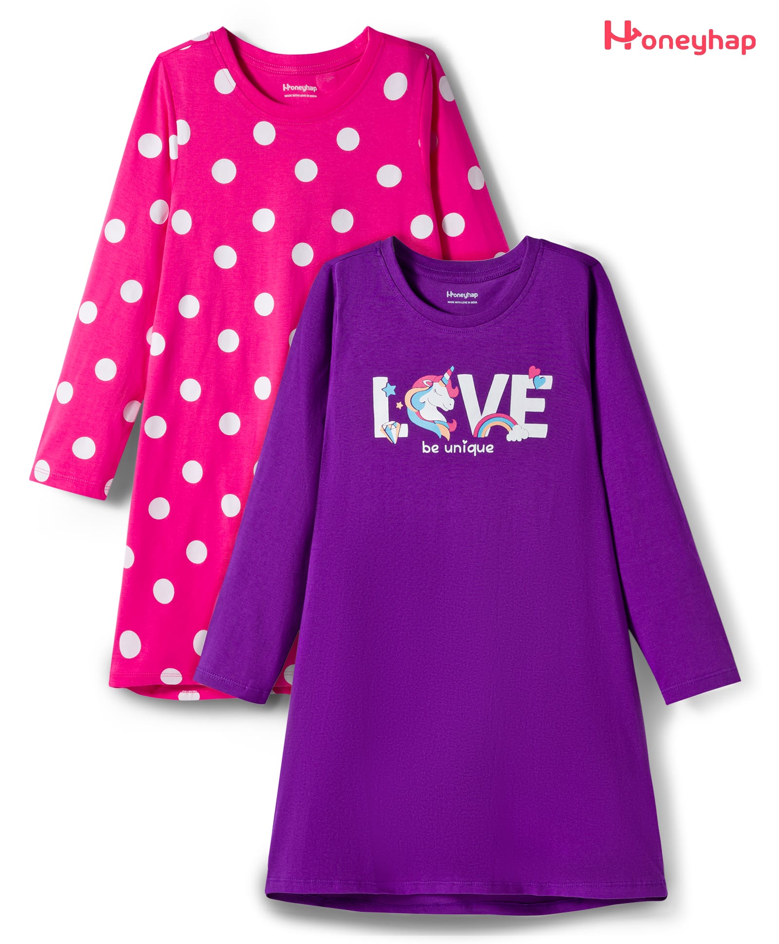 Honeyhap Premium 100% Cotton Knit Full Sleeves Nighty With Bio Finish & Polka Dot Print Pack of 2 - Blue Quartz & Orchid Bouquet-image-26