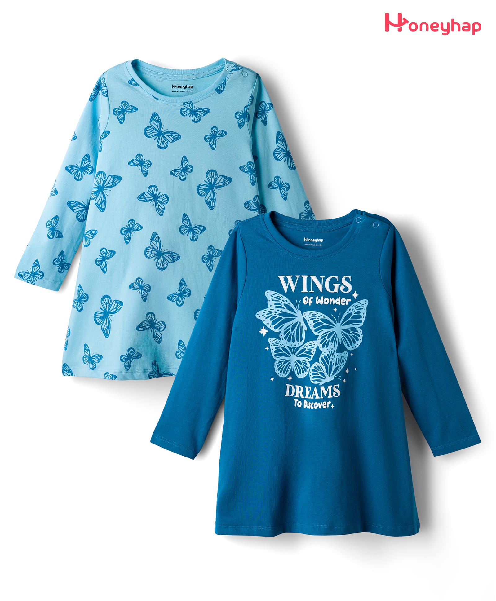 Honeyhap Premium 100% Cotton Knit Full Sleeves Nighty With Bio Finish & Butterfly Print Pack of 2 - Blue Light & Blue Quartz-image-15