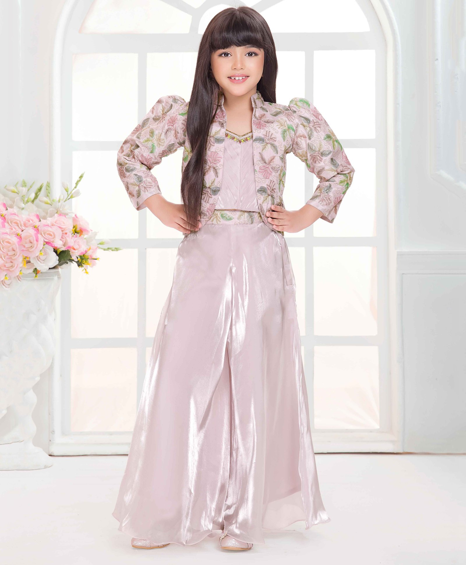 Tiny Kingdom Satin Woven Beads Embellished Top & Palazzo With Three Fourth Sleeves Floral Embroidered Jacket Set - Pink-picture-29
