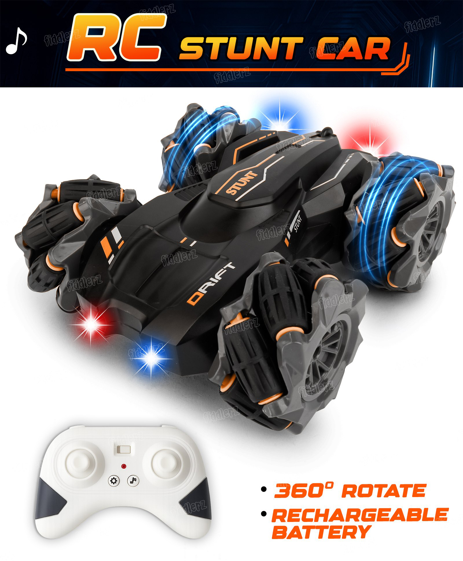 Fiddlerz Remote Control Stunt Car Double Sided Driving RC Stunt Drift Car Toy for Kids 4 Wheel Drive Remote Control Racing 360° Rotation Rechargeable Battery(Red Black)