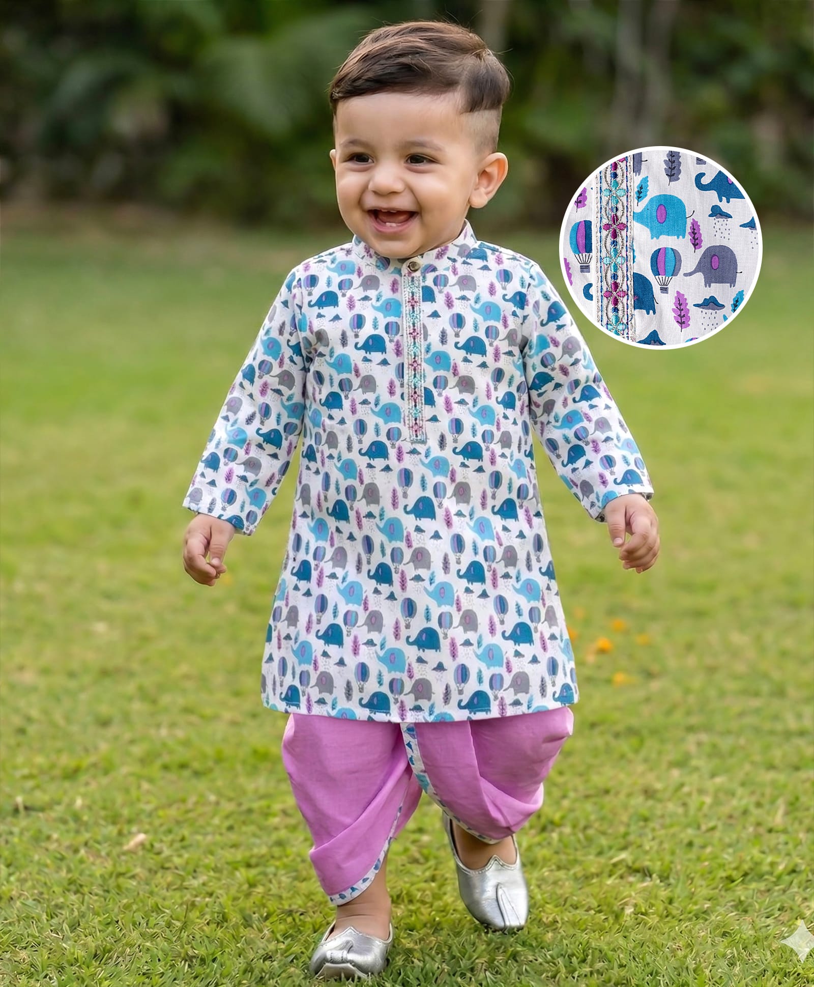 Babyhug Cambric Woven Full Sleeves Kurta Dhoti Set Jungle Theme Print - White-picture-26