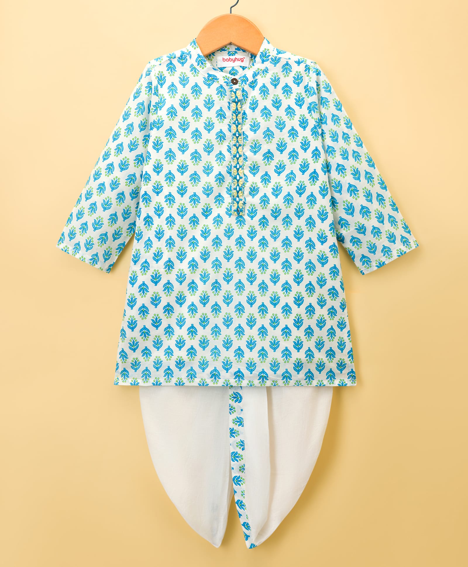 Babyhug Cotton Woven Full Sleeves Kurta & Dhoti Set With Floral Print - Blue-image-42