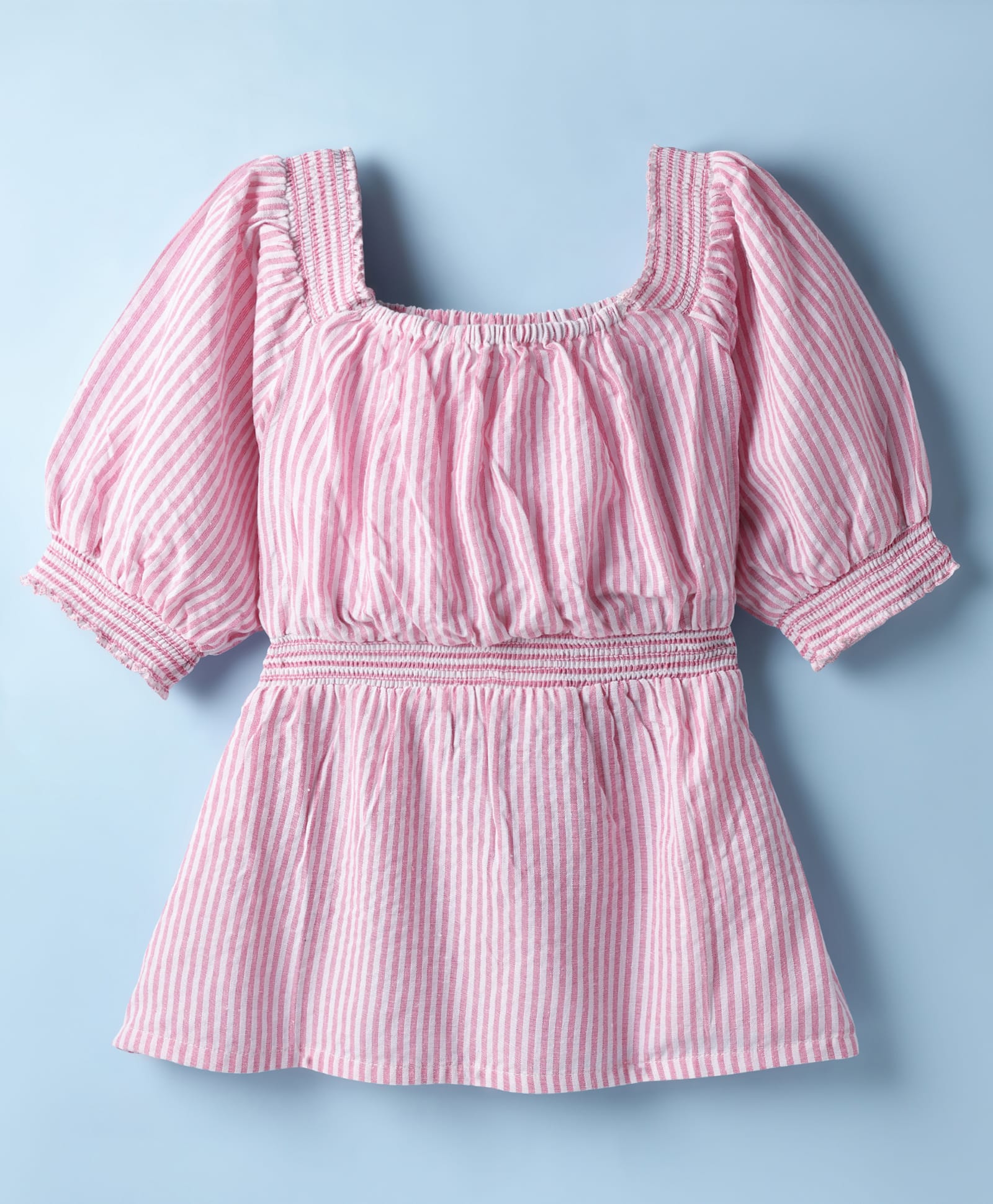 kookie kids india Kookie Kids Cotton Woven Three Fourth Sleeves Peplum Top with Yarn Dyed Stripes & Smocking Detailing - Pink-picture-21