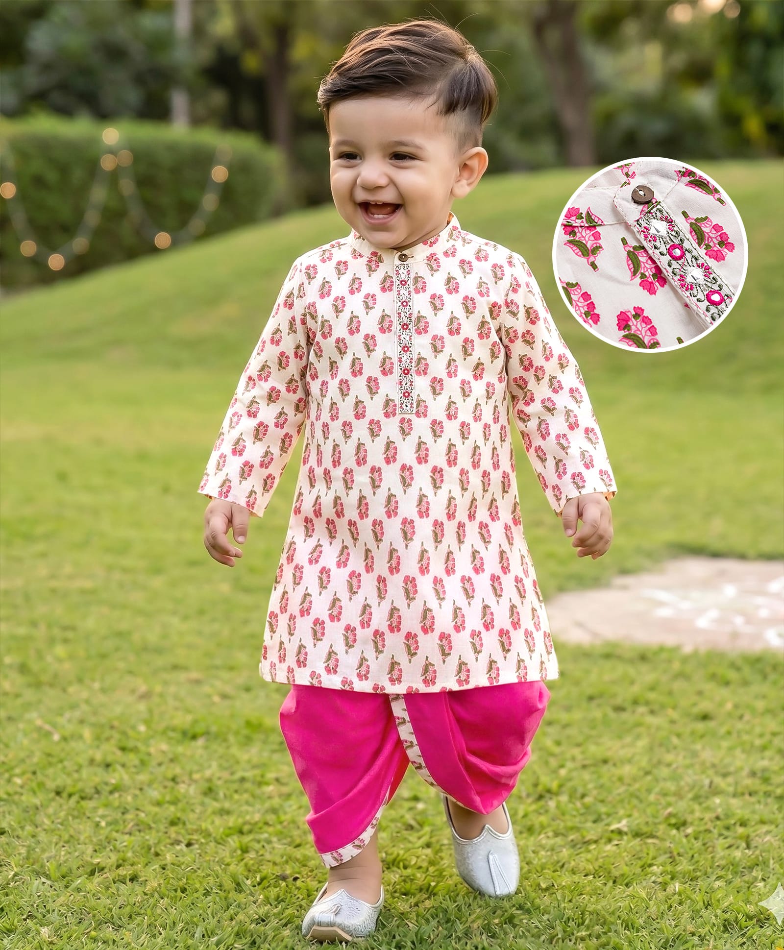 Babyhug Cambric Woven Full Sleeves Kurta Dhoti Set Floral Print - White-image-39