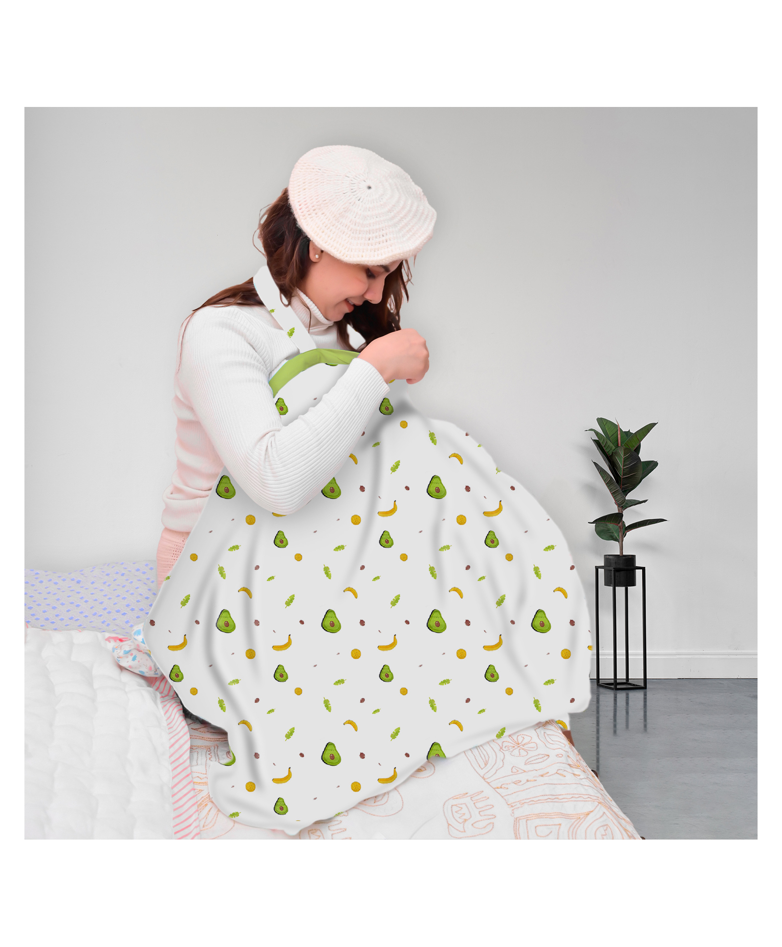 Moms Home Organic Cotton Muslin Nursing Cover for Breastfeeding Feeding Apron White & Green Avocado-image-3