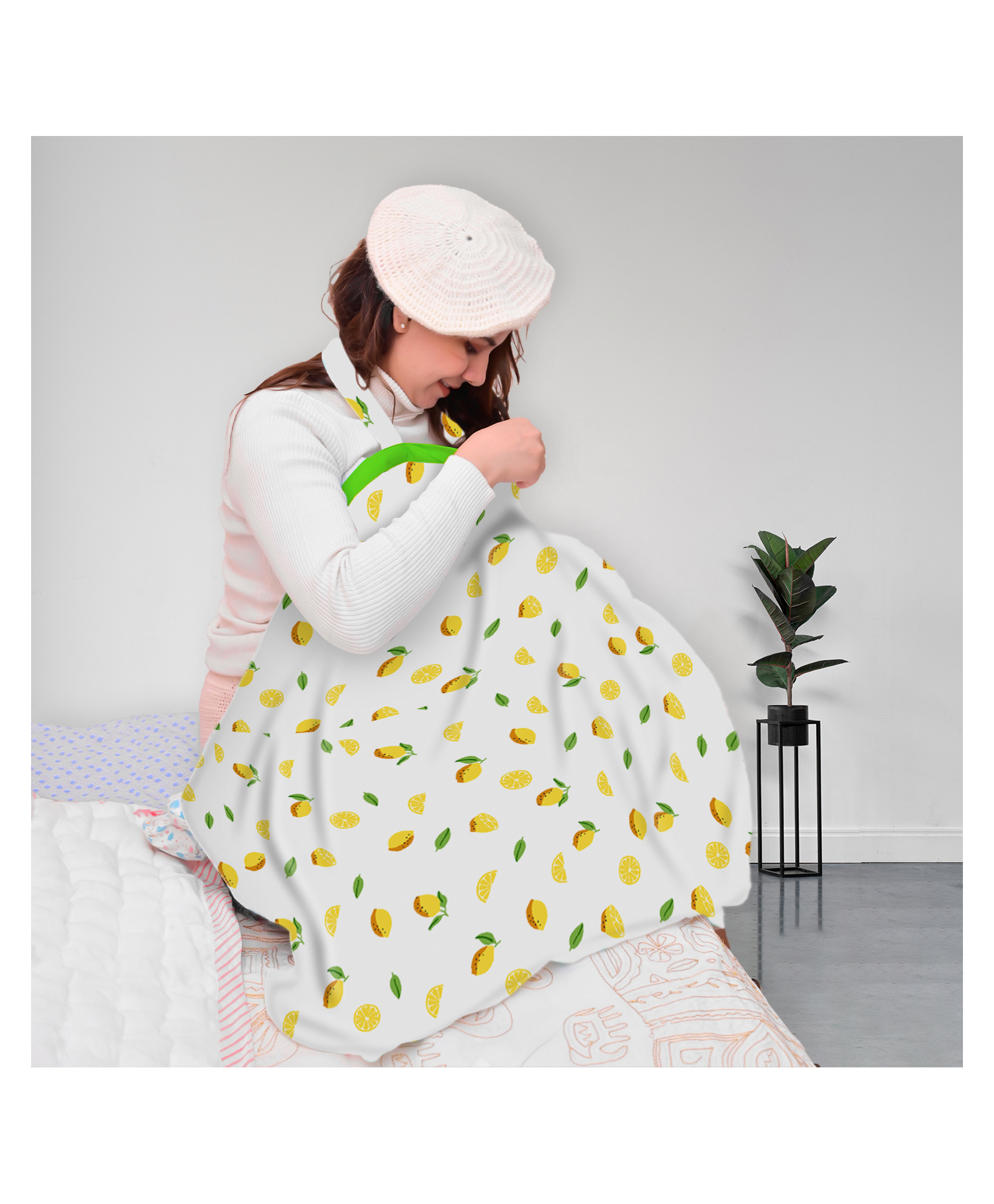 Moms Home Organic Cotton Muslin Nursing Cover for Breastfeeding Feeding Apron White & Yellow Lemon-image-2