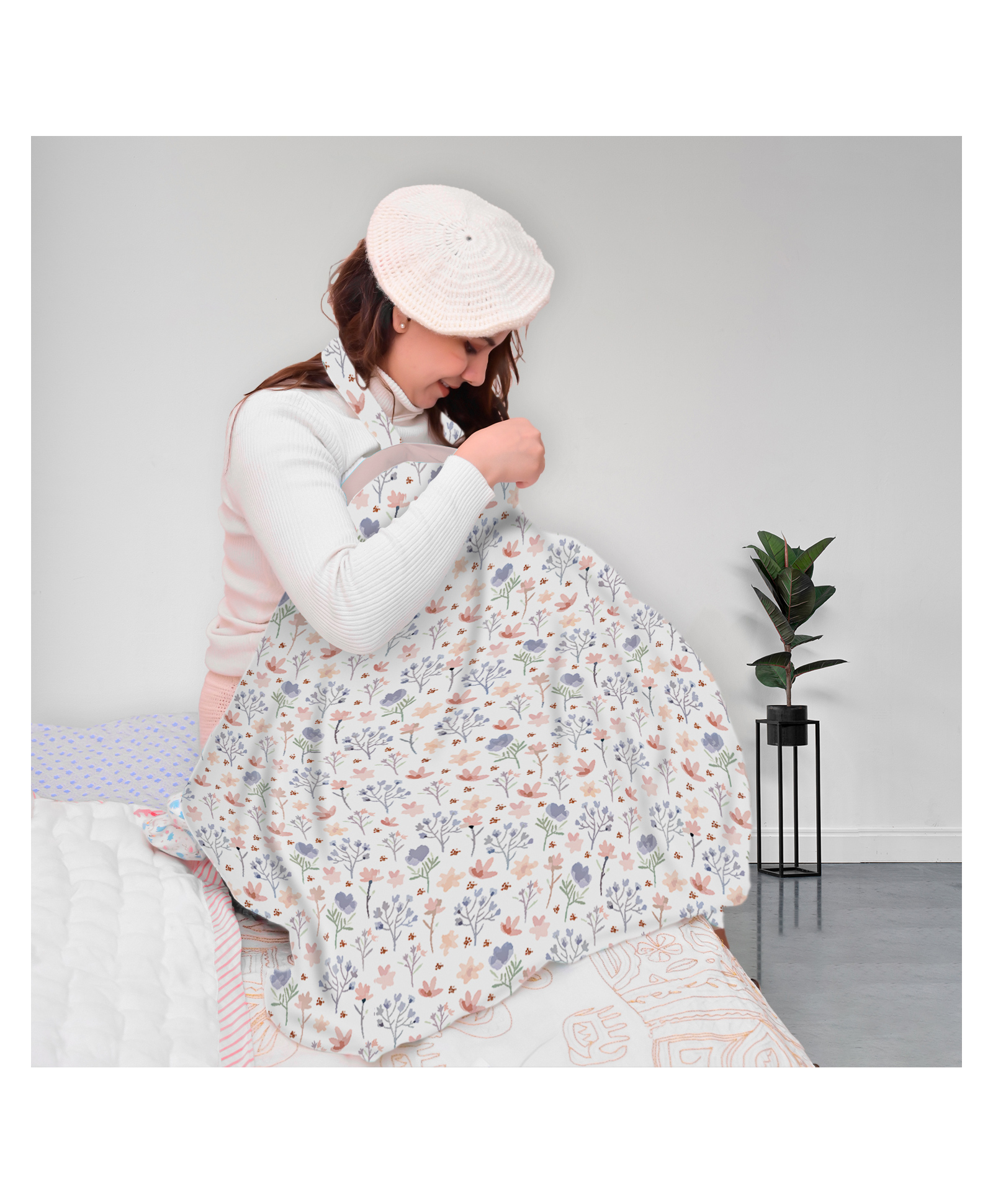 Moms Home Organic Cotton Muslin Nursing Cover for Breastfeeding Feeding Apron White & Pink Blossom-image-47