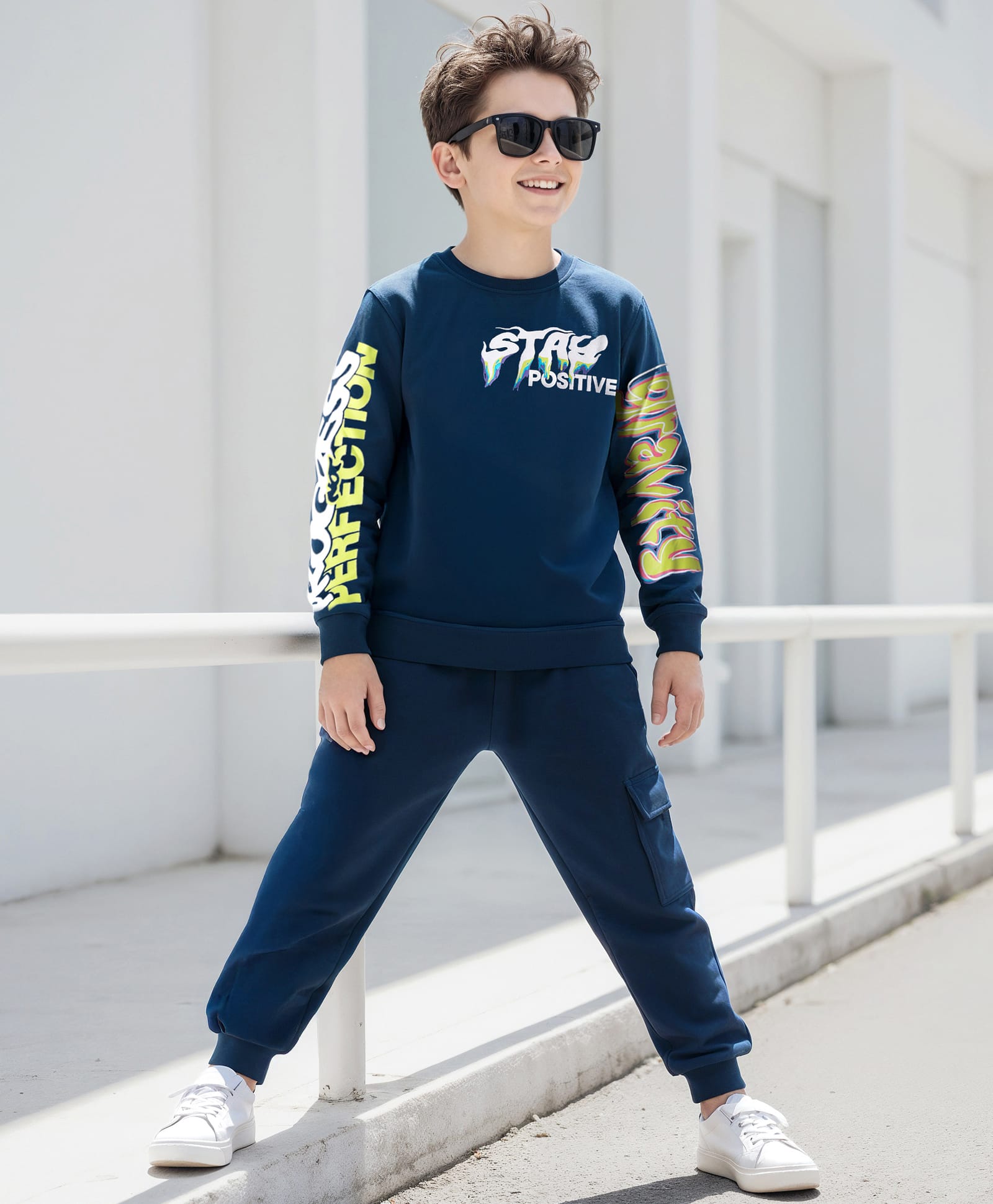 OLLINGTON ST. Cotton Full Sleeves Stay Positive Text Printed Sweatshirts & Joggers - Navy Blue-picture-34