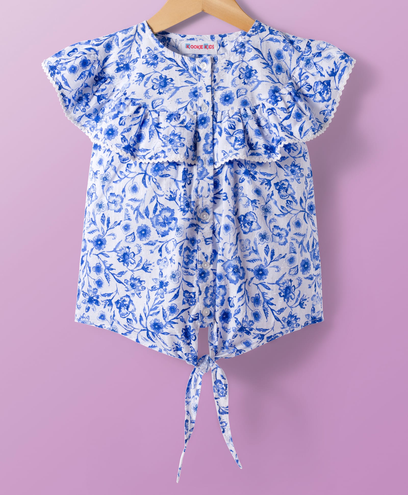Kookie Kids Dobby Woven Frill Sleeves Knotted Top with Floral Print & Frill Detailing at Neck - Blue