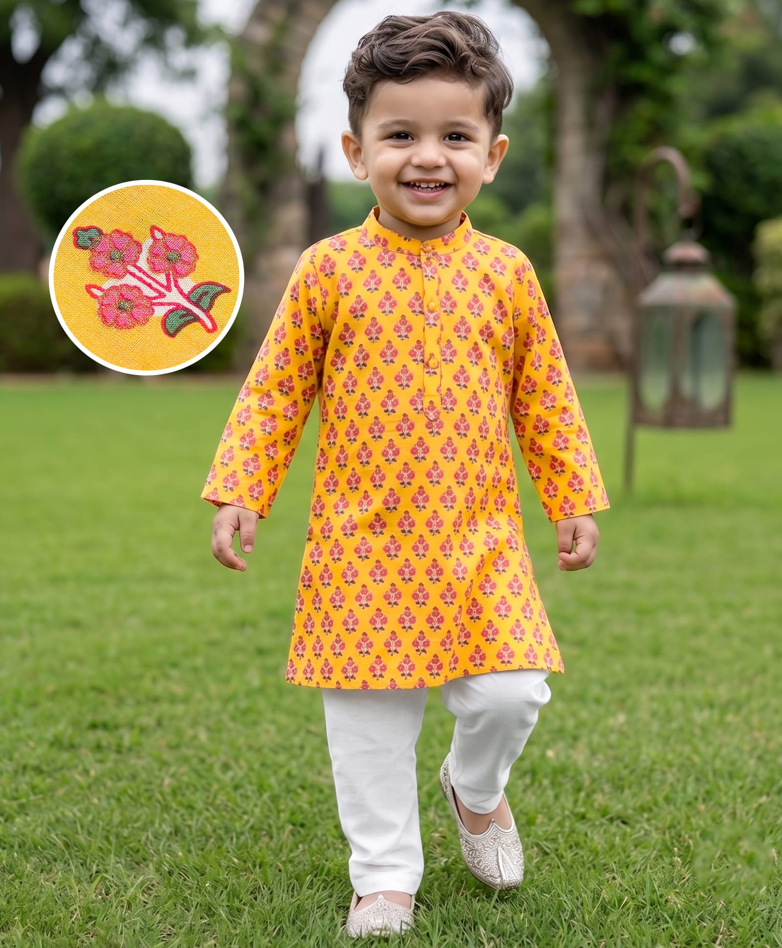 Babyhug 100% Cotton Cambric Woven Full Sleeves Floral Printed Kurta & Pyjama Set - Yellow-picture-32