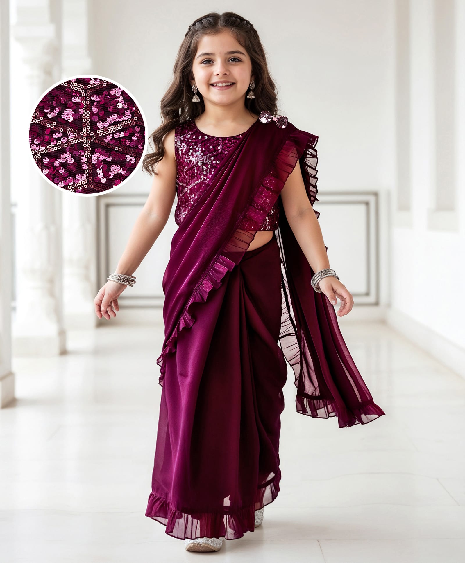 Babyhug Woven Sleeveless Embroidered Blouse With Glass Solid Saree - Wine-image-6