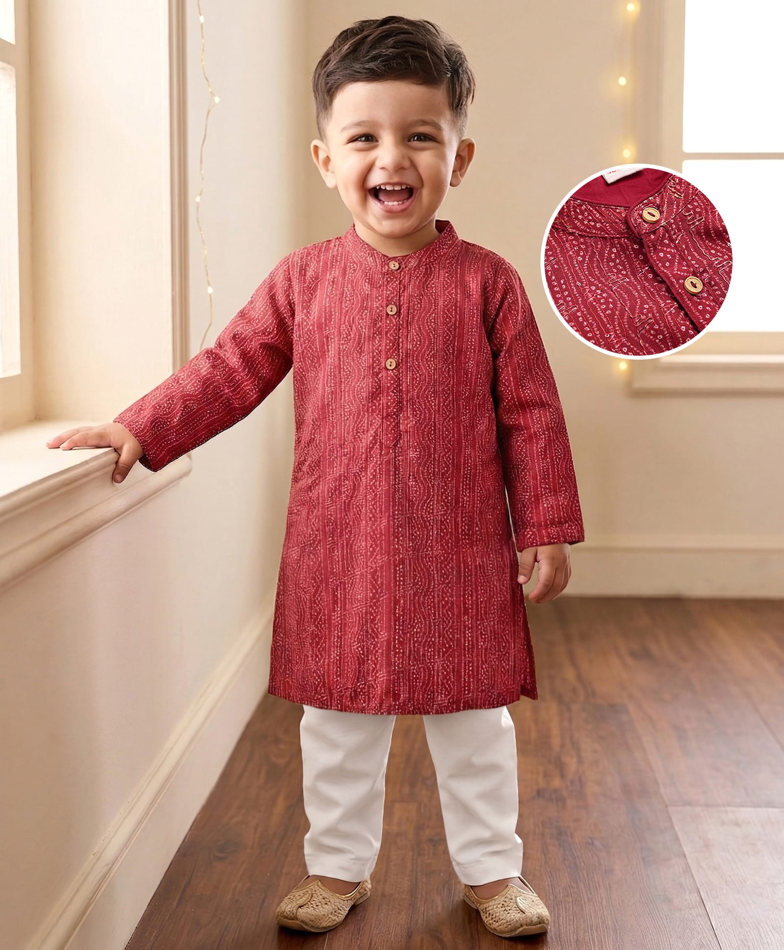 Babyhug Woven Full Sleeves Kurta Pajama Set with Embroidery & Sequin Detailing - Red-picture-27