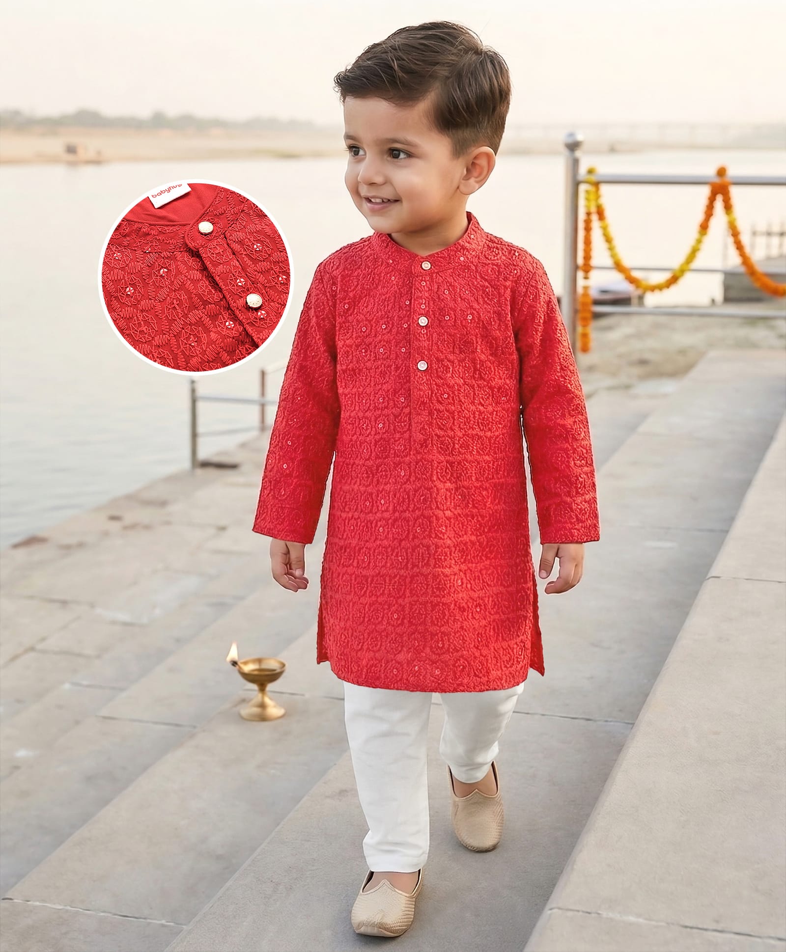 Babyhug Georgette Woven Full Sleeves Embroidered Kurta Pyjama Set With Sequin Detailing - Red & White-image-39