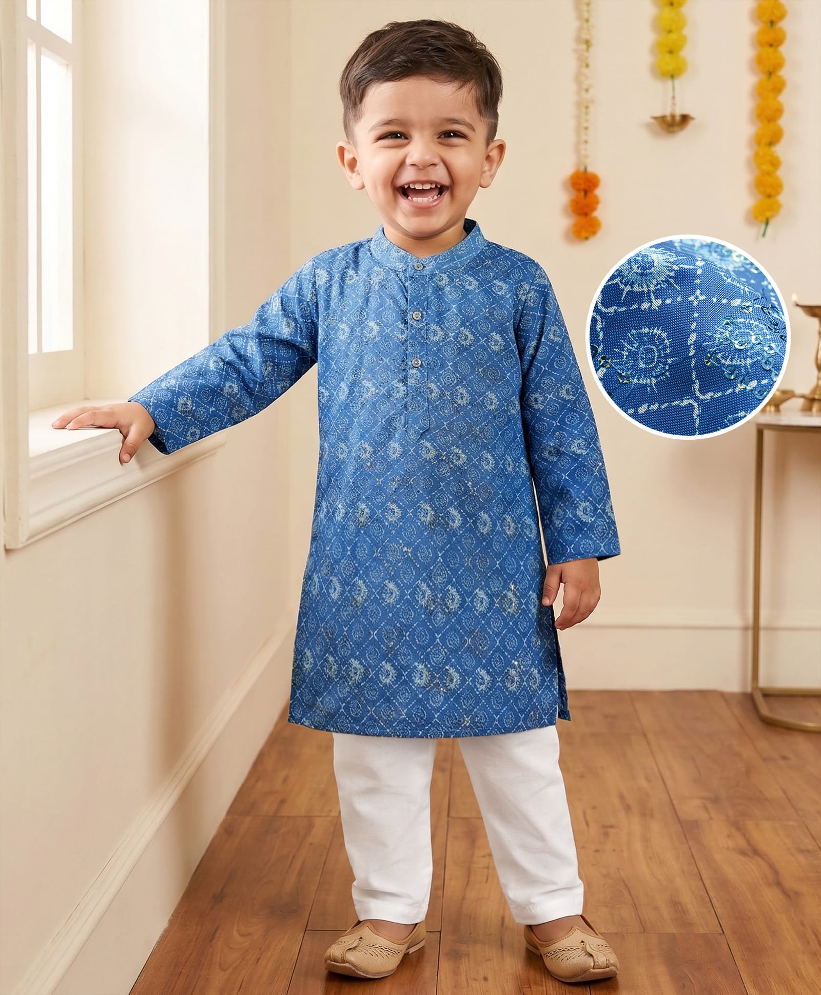 Babyhug Woven Full Sleeves Kurta Pajama Set with Embroidery & Sequin Detailing - Blue-picture-14