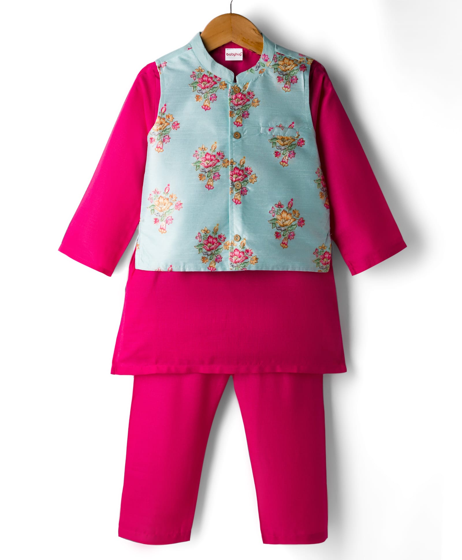 Babyhug Woven Full Sleeves Kurta Pajama Set with Jacket & Floral Print - Dark Pink-image-48