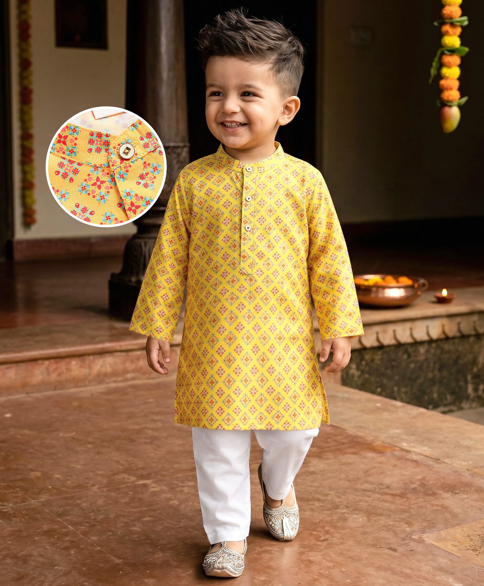 Babyhug Cambric Woven Full Sleeves Kurta Pajama Set with Motif Print - Yellow-picture-12