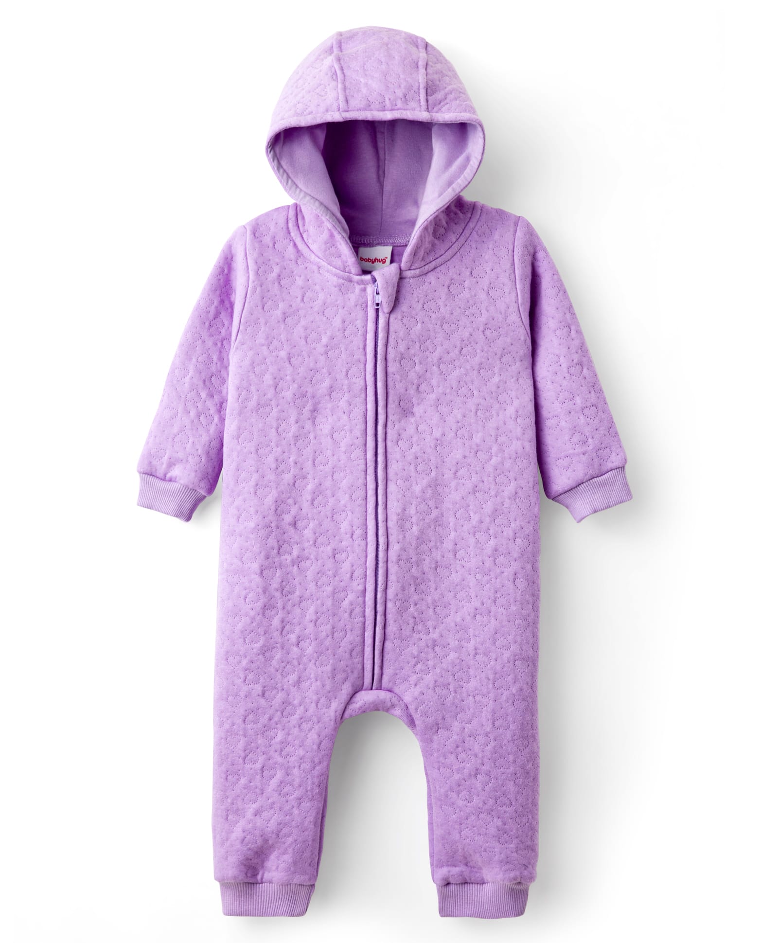 Babyhug Interlock Knit Full Sleeves Front Open Hooded Romper with Hearts Detailing - Purple-image-43