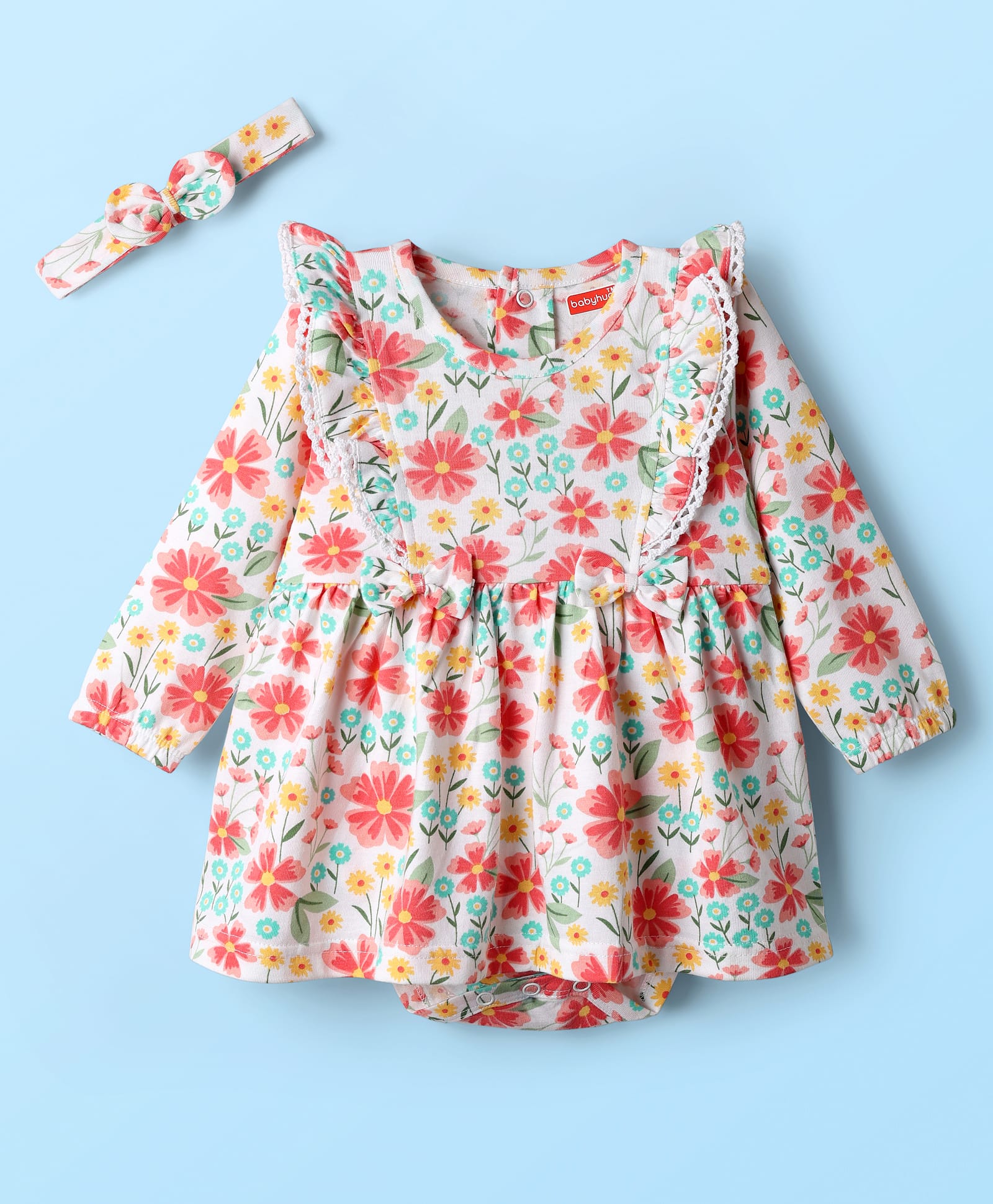 Babyhug 100% Cotton Interlock Knit Onesies With Hairband & Floral Print - Multicolour-image-17