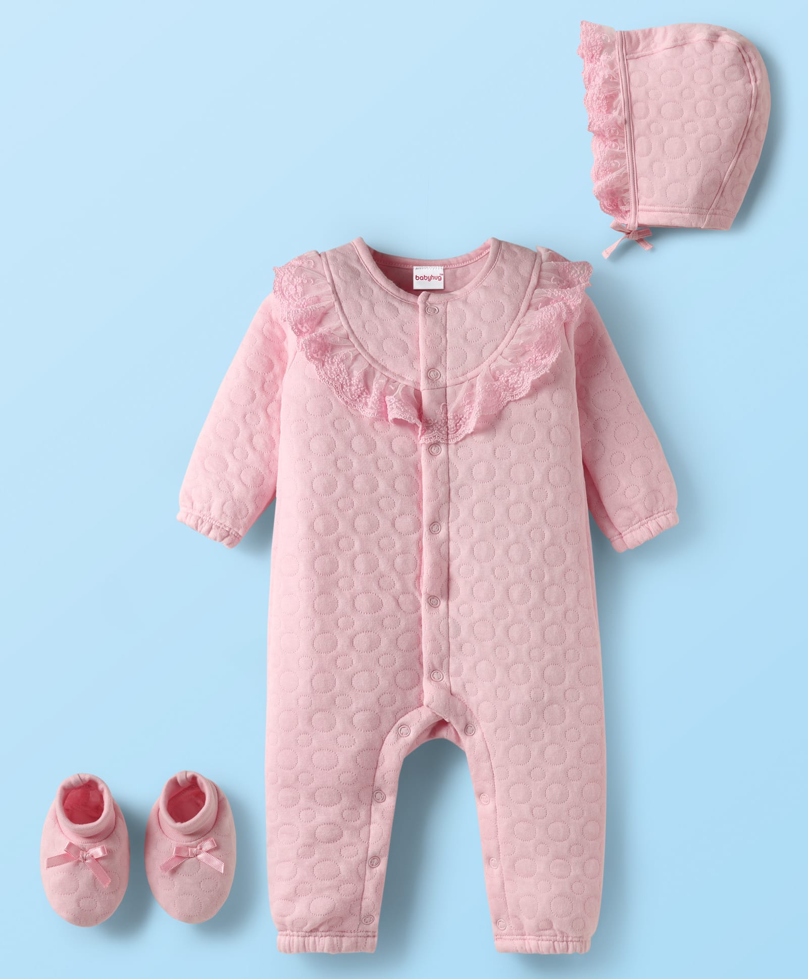 Babyhug 100 % Cotton Full Sleeves Solid Coloured Romper With cap & Booties Set With Lace Detailing - Pink-image-49