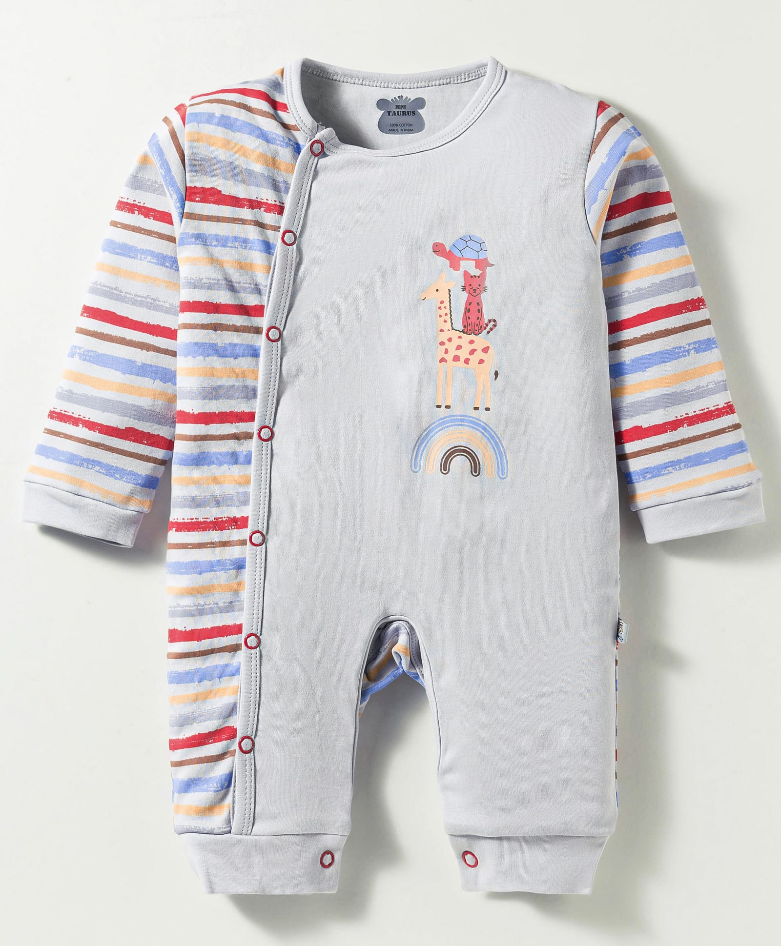 Mini Taurus Interlock Knit Full Sleeves Romper With Animal Print & Stripes - Light Grey-picture-3