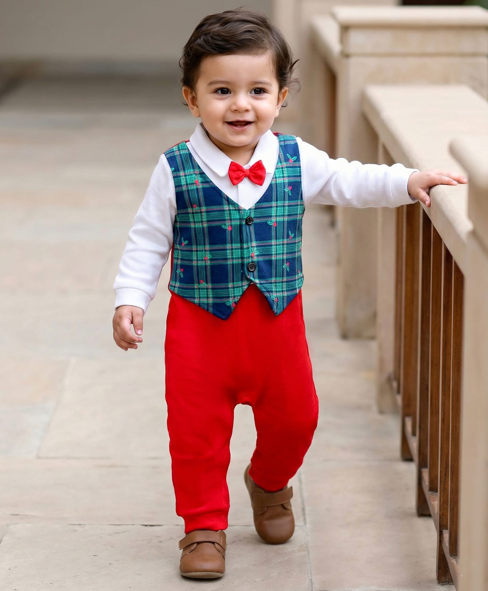 Babyhug Interlock Knit Full Sleeves Party Romper with Attached Waist Coat & Bow & Check Detailing - White Blue & Red-picture-11