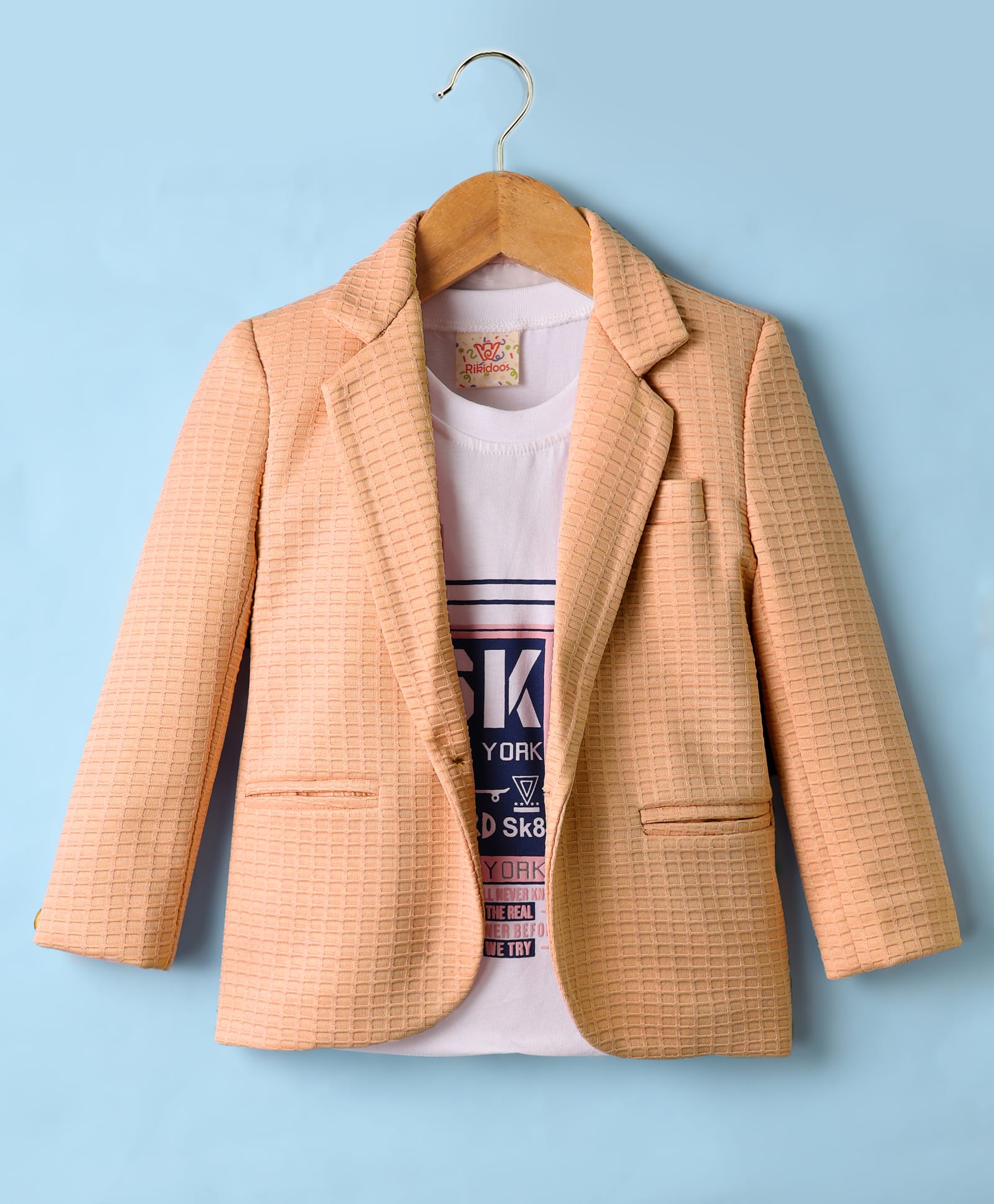 Rikidoos Full Sleeves Textured Blazer With Sk New York Text Printed Tee - Fawn & White-picture-35