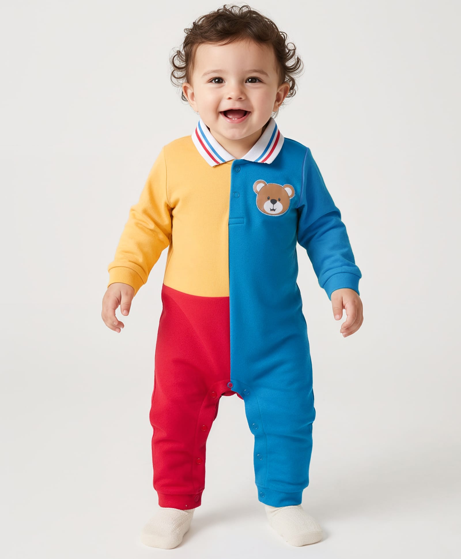 Babyhug 100% Cotton Interlock Knit Full Sleeves Romper with Cut & Sew Design & Bear Patch - Blue Red & Yellow-image-26