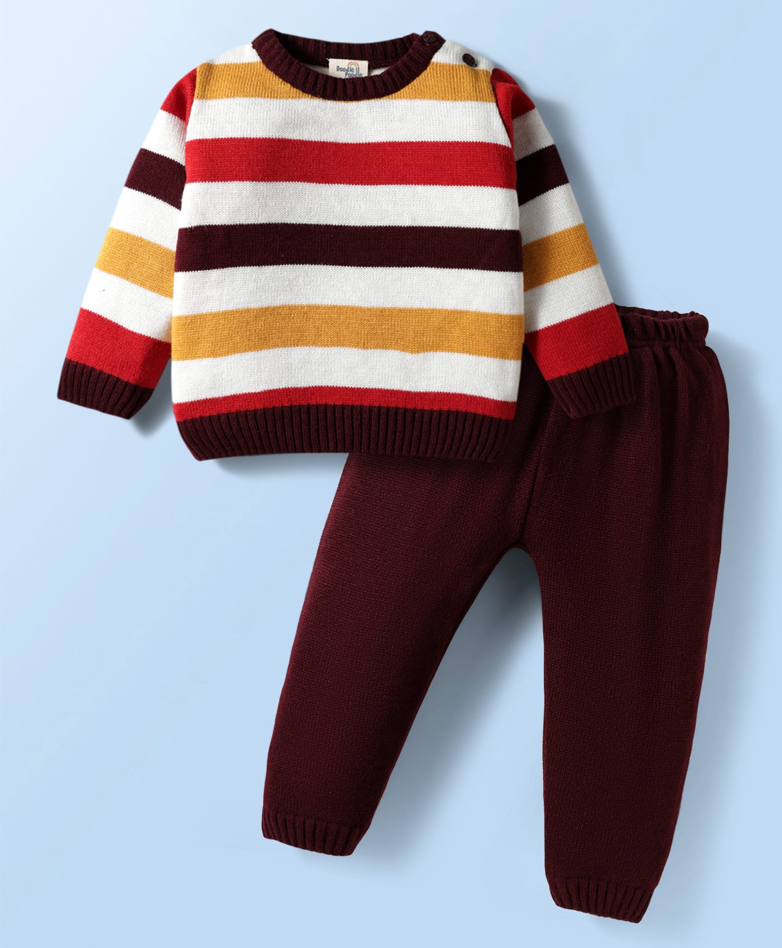 Doodle Poodle Knitted Full Sleeves Pullover Sweater Set With Jacquard Knit Design - Mustard Red & Brown-image-20