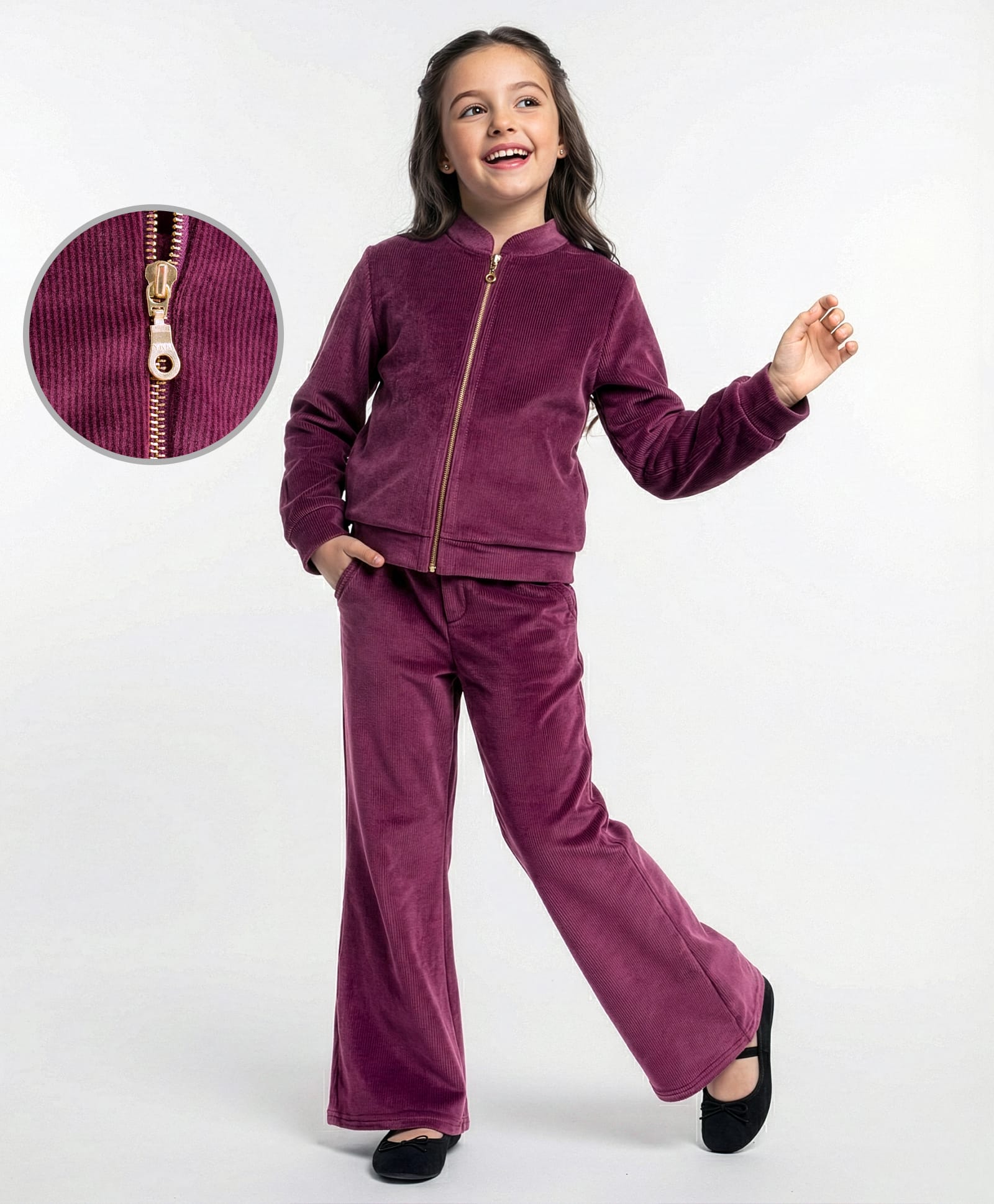 Arias Corduroy Knit Full Length Solid Color Front Open Jacket With Flared Pants Set - Wine-image-18