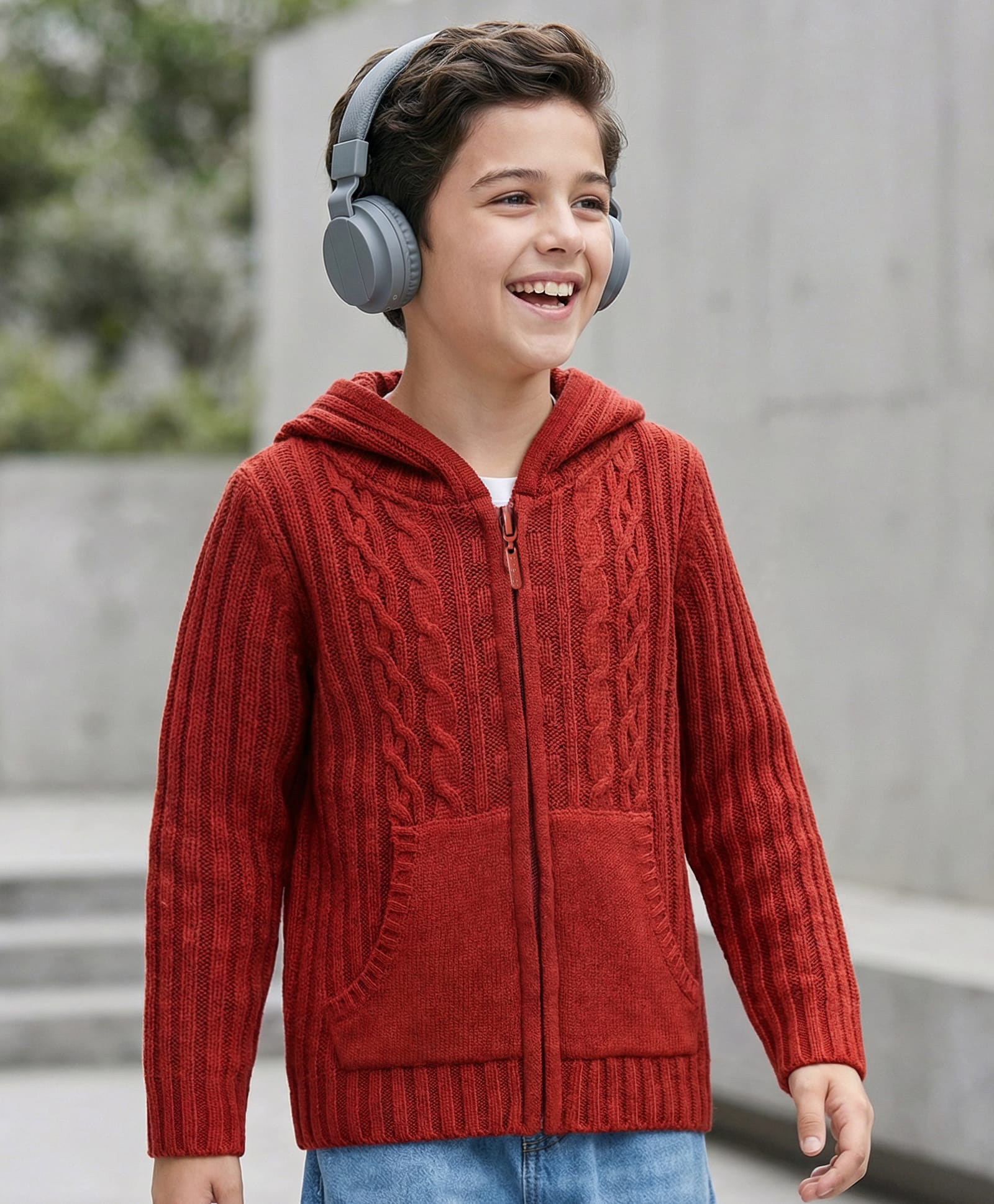Pine Kids Knit Full Sleeves Front Open Hooded Sweater with Cable Knit Design & Kangaroo Pocket - Rust Orange-picture-32