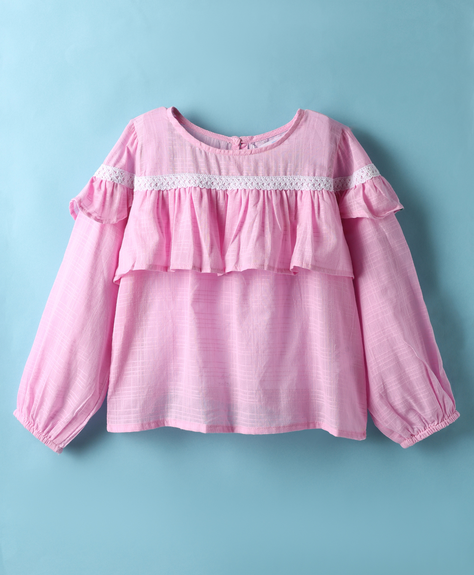 Kookie Kids Cotton Woven Full Sleeve Top with Neck Frill and Lace Detailing - Pink-image-40
