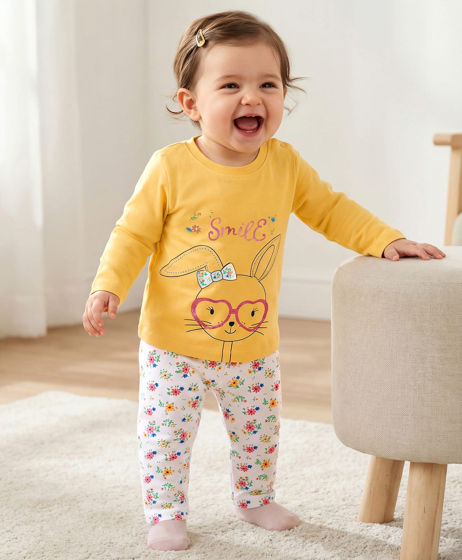Kookie Kids Single Jersey Knit Full Sleeves Night Suit With Bunny & Floral Print - Yellow & White-image-17