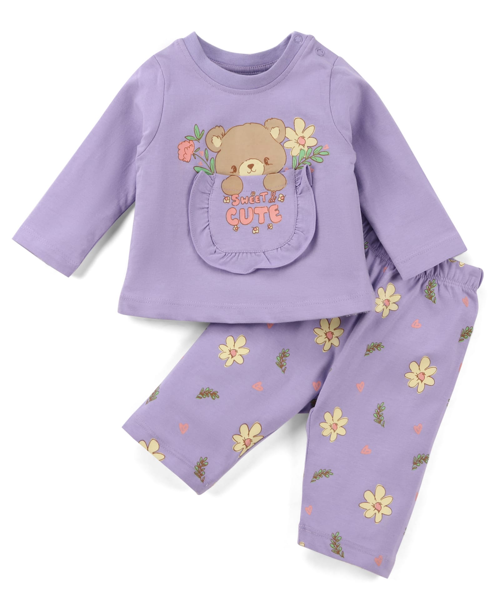 Kookie Kids Single Jersey Knit Winter Wear Night Suit With Floral Print - Lavender