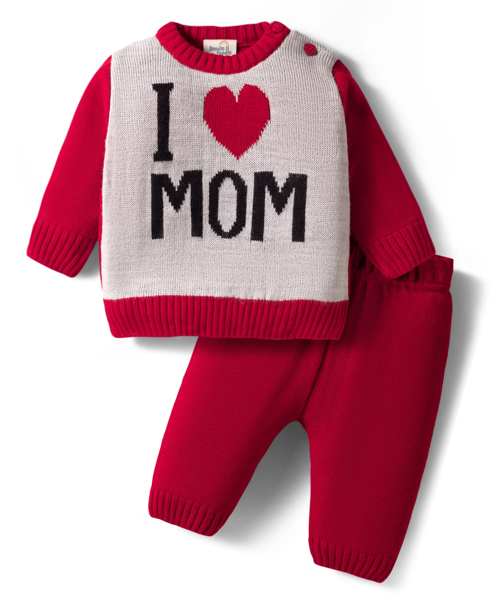 Doodle Poodle Knitted Full Sleeves Pullover Sweater Set With Jacquard Knit Design - Grey & Red-image-48