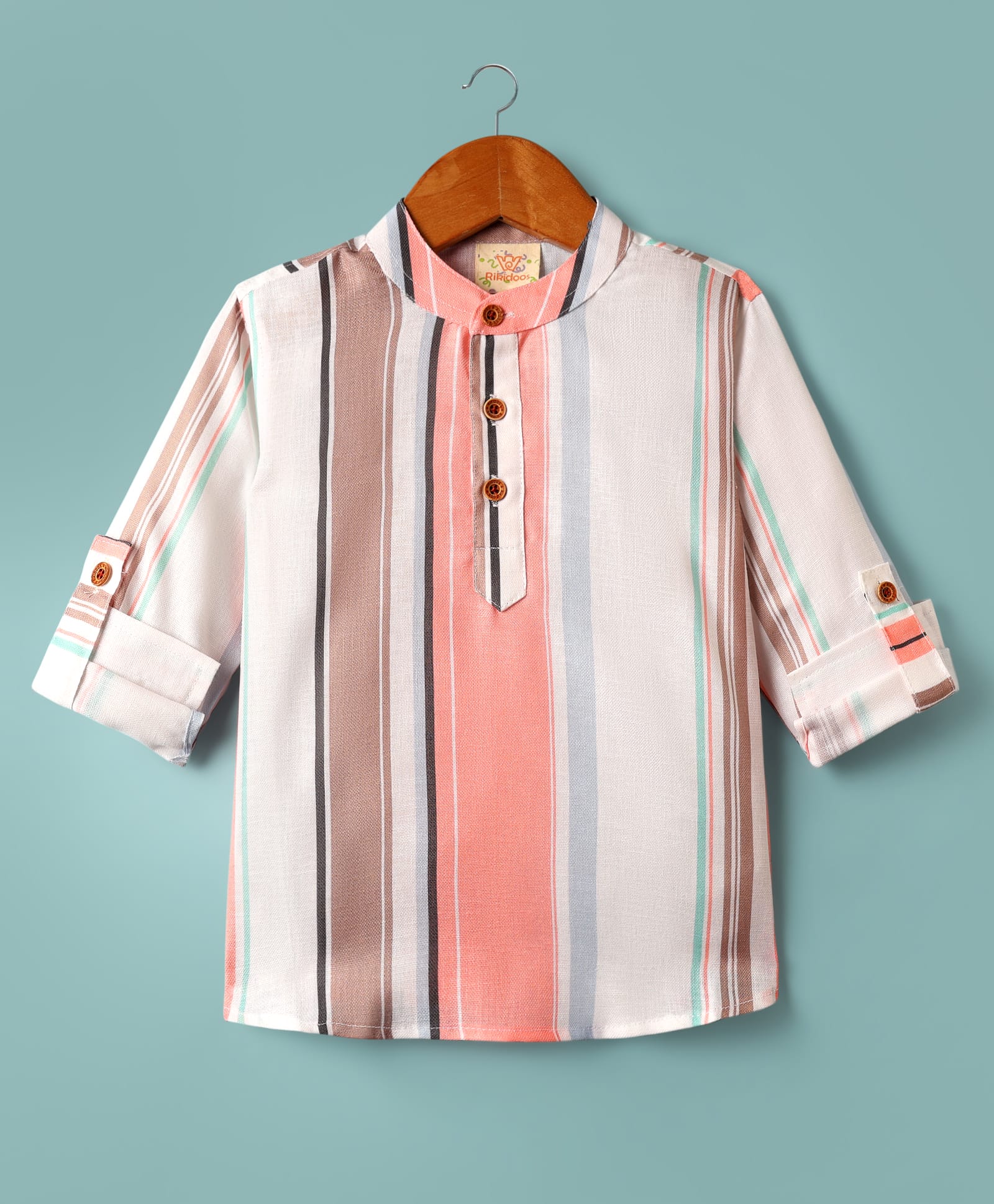 Rikidoos Full Sleeves Striped Kurta Style Shirt - White & Light Pink-picture-35