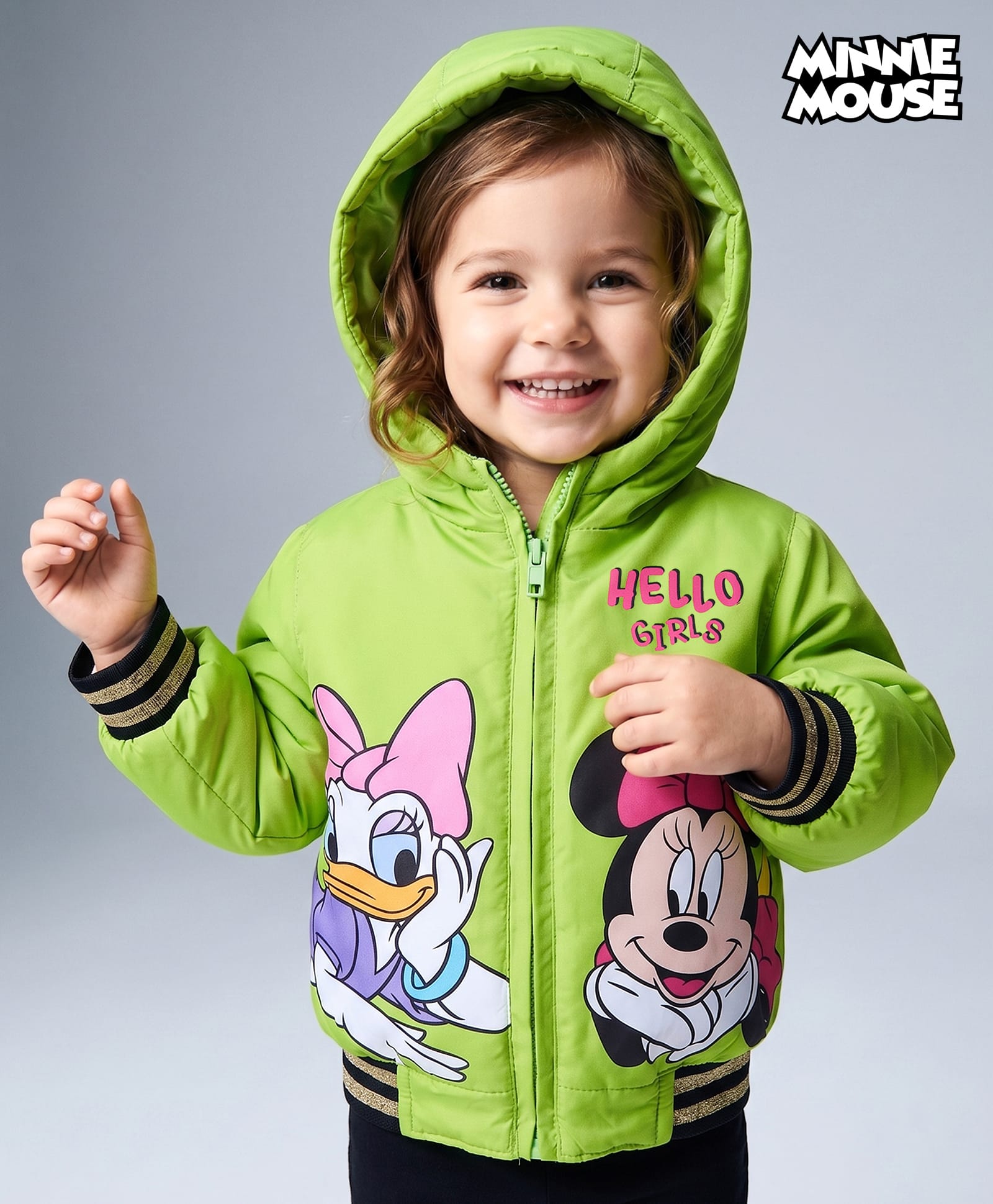 Babyhug Disney Woven Full Sleeves Hooded Padded Jacket With Minnie & Friends Graphics & Frill Detailing - Neon Green-image-11