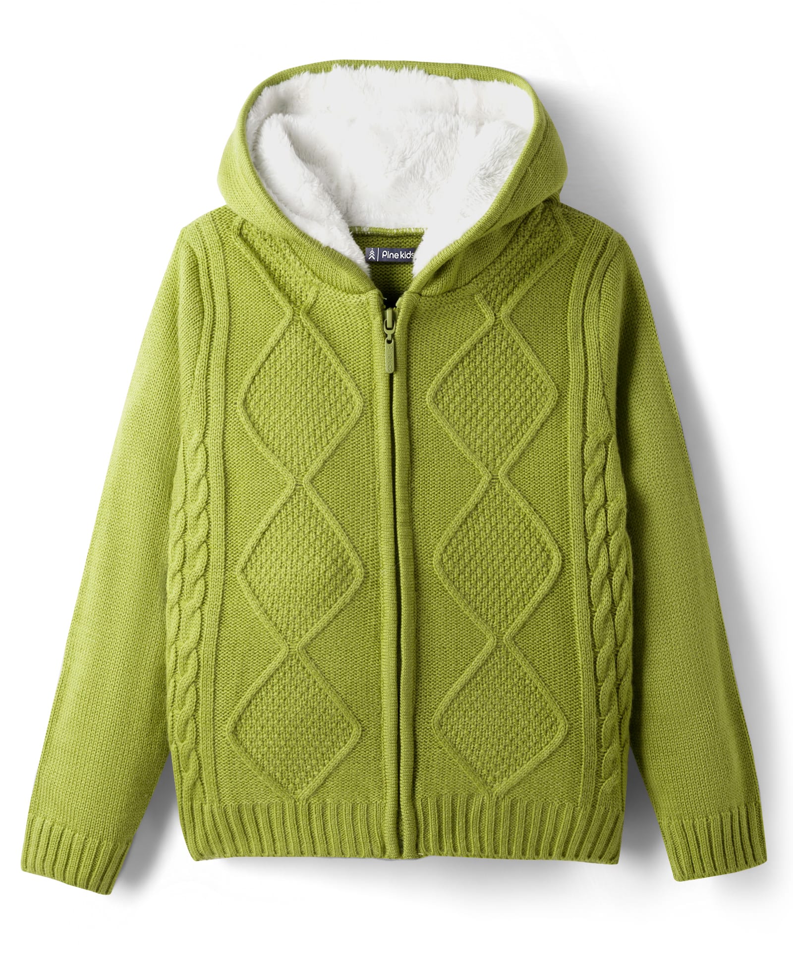 Pine Kids Knit Full Sleeves Front Open Hooded Sweater with Cable Knit Design - Light Green-picture-33